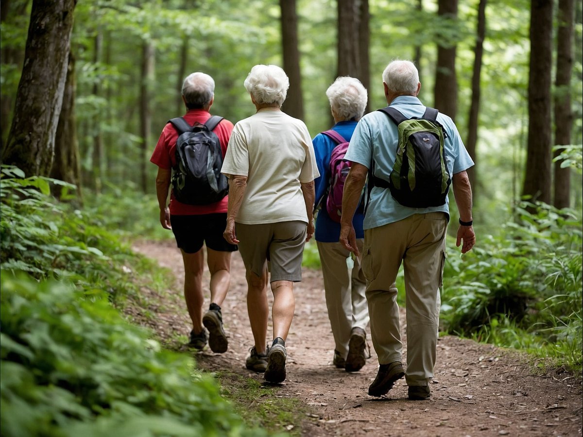 Vier Senioren wandern auf einem schmalen Pfad durch einen grünen Wald umgeben von hohen Bäumen und reichhaltigem Pflanzenbewuchs. Sie tragen leichte Rucksäcke und sind in bequemer Kleidung gekleidet. Die Stimmung ist entspannt und die Gruppe genießt die Natur bei ihrem Spaziergang.