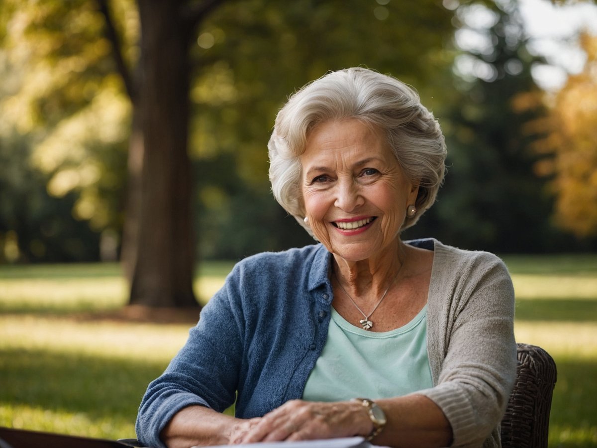 Eine fröhliche ältere Dame sitzt im Freien auf einer Terrasse umgeben von einer schönen grünen Wiese und Bäumen im Hintergrund. Sie trägt ein helles Oberteil und eine Strickjacke. Auf dem Tisch vor ihr liegen Unterlagen und sie schaut lächelnd in die Kamera. Ihr Gesicht zeigt Lebensfreude und Zufriedenheit, was eine positive Ausstrahlung vermittelt, die oft mit finanzieller Sicherheit und einem aktiven Lebensstil in Verbindung gebracht wird.