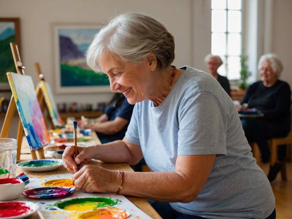 Eine ältere Frau sitzt an einem Tisch und malt mit lebendigen Farben auf einem Blatt Papier. Sie lächelt während sie mit einem Pinsel arbeitet und scheint sich in dem Moment zu freuen. Auf dem Tisch sind mehrere Farbtöpfe und Paletten mit verschiedenen Farben verteilt. Im Hintergrund sind weitere ältere Frauen zu sehen, die ebenfalls an einem kreativen Projekt arbeiten und die entspannte Atmosphäre genießen. Diese Szene veranschaulicht den positiven Einfluss von sozialen Kontakten und kreativen Aktivitäten auf die geistige Gesundheit im Alter.