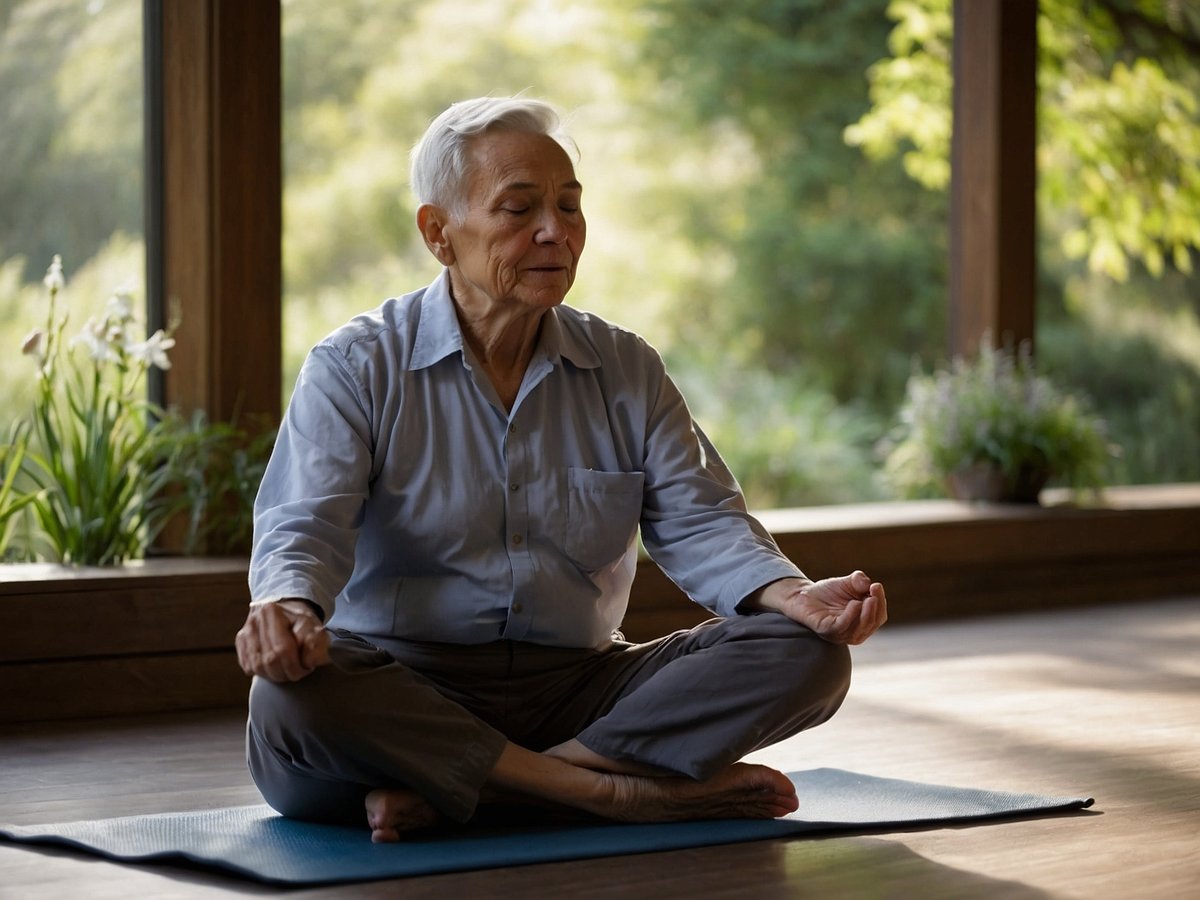 Ein älterer Mann sitzt in einem entspannten Meditationszustand auf einer Yogamatte in einem hellen Raum mit großen Fenstern, durch die natürliches Licht strömt. Er hat graue Haare und trägt ein einfaches, hellblaues Hemd. Seine Hände liegen entspannt auf den Knien, während er die Augen sanft geschlossen hat. Im Hintergrund sind grüne Pflanzen zu sehen, die eine beruhigende Atmosphäre schaffen. Die Einstellung vermittelt ein Gefühl von Ruhe und innerer Balance, ideal zur Stressbewältigung und Förderung von Entspannungstechniken.