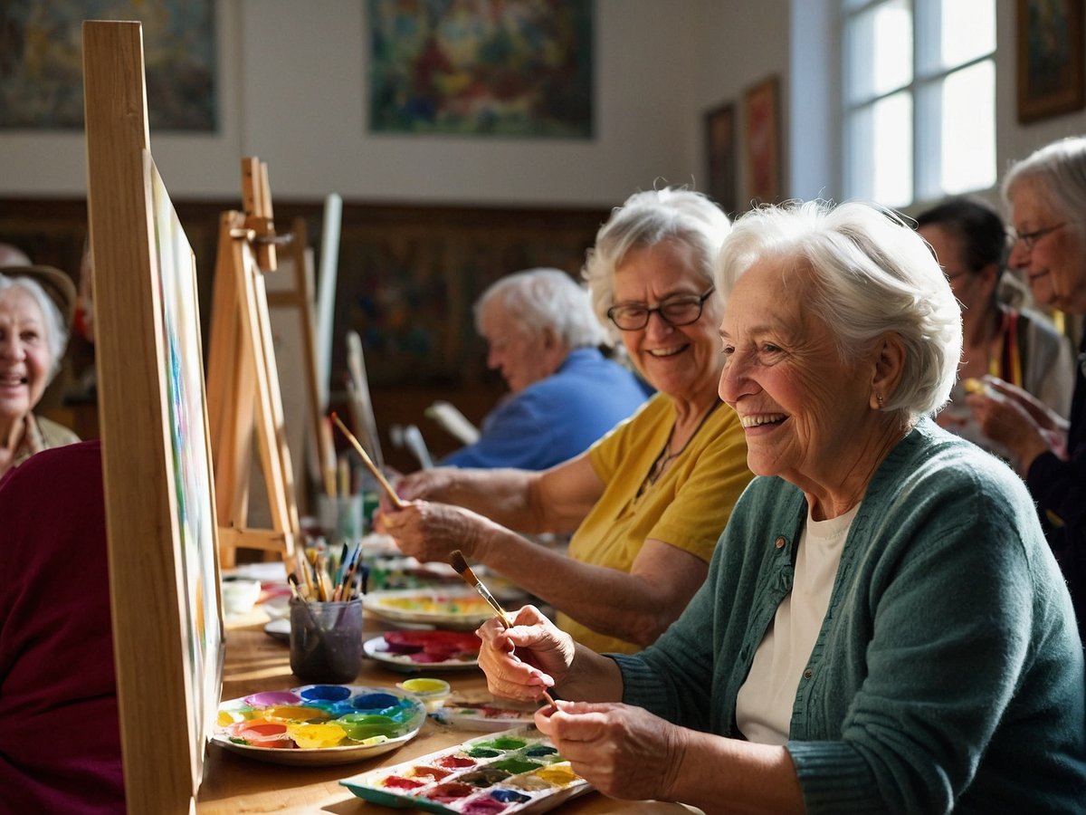 Eine Gruppe fröhlicher Senioren sitzt an einem Tisch in einem hellen Raum, umgeben von Malutensilien und Farbpaletten. Sie sind mit Pinseln beschäftigt und lachen miteinander. Einige haben ihre Bilder auf Staffeleien stehen, während andere sich darauf konzentrieren, ihre Kunstwerke zu gestalten. Die angenehme Atmosphäre fördert kreativität und soziale Interaktion unter den Teilnehmern.