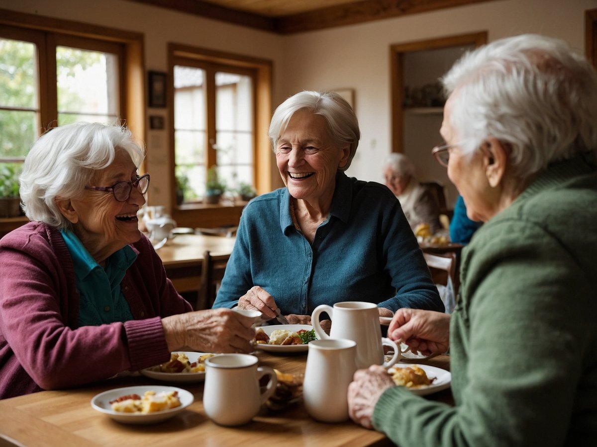 Drei ältere Frauen sitzen an einem Tisch in einem gemütlichen Raum und genießen gemeinsam eine Mahlzeit. Sie lachen und unterhalten sich angeregt, während sie Kaffee und Essen vor sich haben. Die Atmosphäre wirkt warm und einladend, was die Werte von Familie und Gemeinschaft unterstreicht. Fenster im Hintergrund lassen sanftes Licht in den Raum strömen und sorgen für eine angenehme Umgebung.