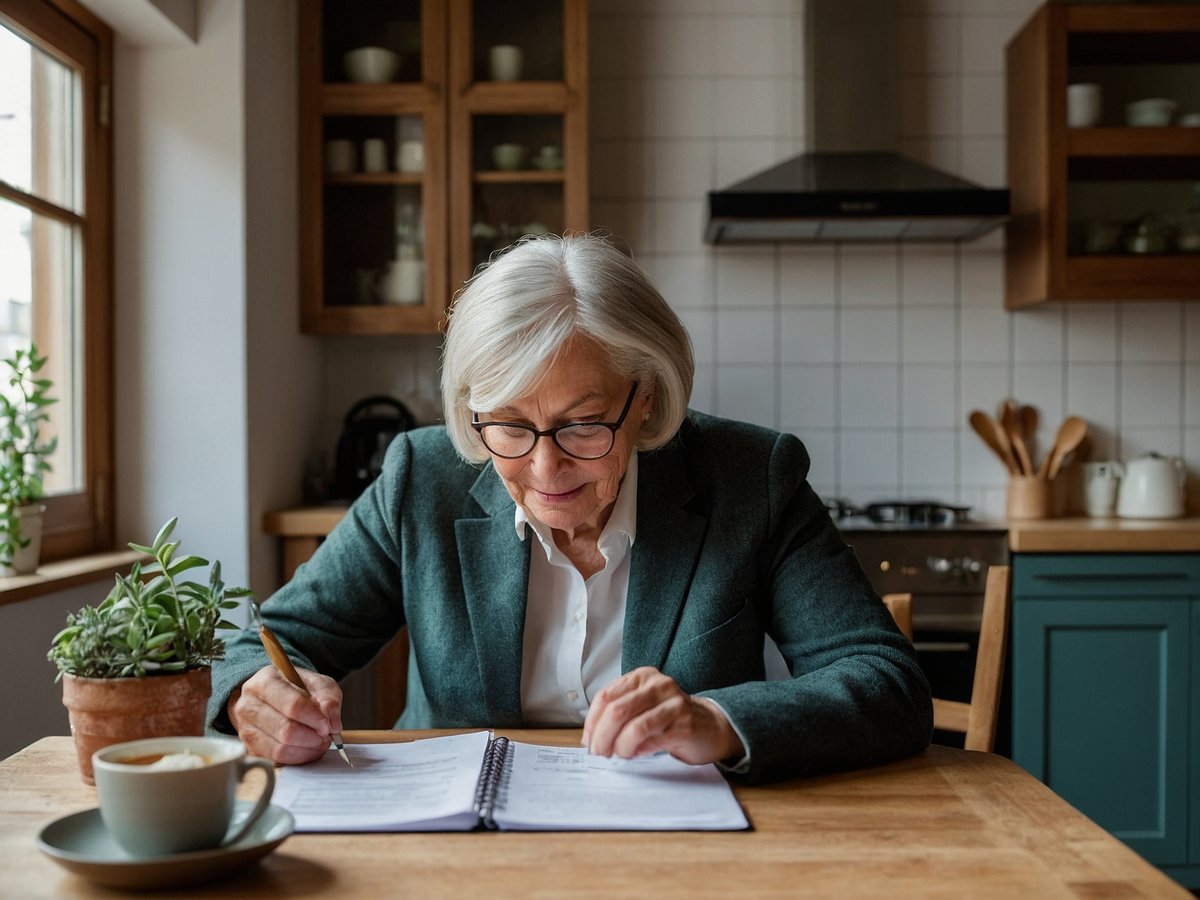 Eine ältere Frau sitzt an einem Tisch in einer modernen Küche und arbeitet konzentriert an Unterlagen. Sie trägt eine Brille und hat graue Haare. Auf dem Tisch stehen eine Tasse Kaffee und eine kleine Pflanze in einem Topf. Die Umgebung wirkt hell und einladend, mit großen Fenstern, die Tageslicht einlassen. Die Frau schaut auf ihre Notizen und schreibt mit einem Stift.
