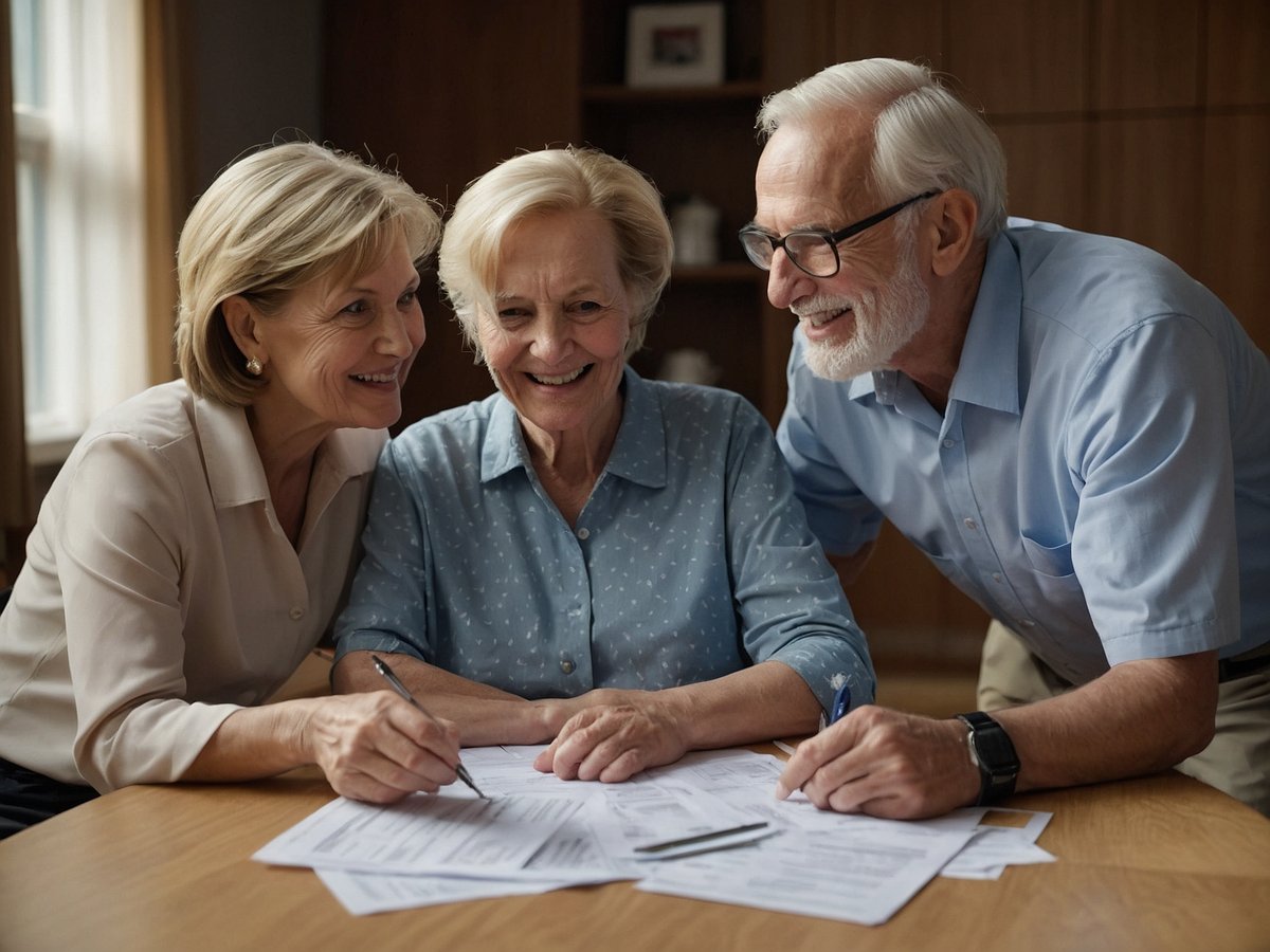 Eine Gruppe von drei älteren Menschen sitzt an einem Tisch und sieht sich verschiedene Dokumente an. Die beiden Frauen lächeln und scheinen ein Gespräch zu führen, während der Mann aufmerksam auf die Papiere schaut. Auf dem Tisch liegen verschiedene Formulare und Stifte, was darauf hinweist, dass sie möglicherweise über steuerliche Angelegenheiten oder andere wichtige Dokumente diskutieren. Die Atmosphäre ist freundlich und kooperativ.