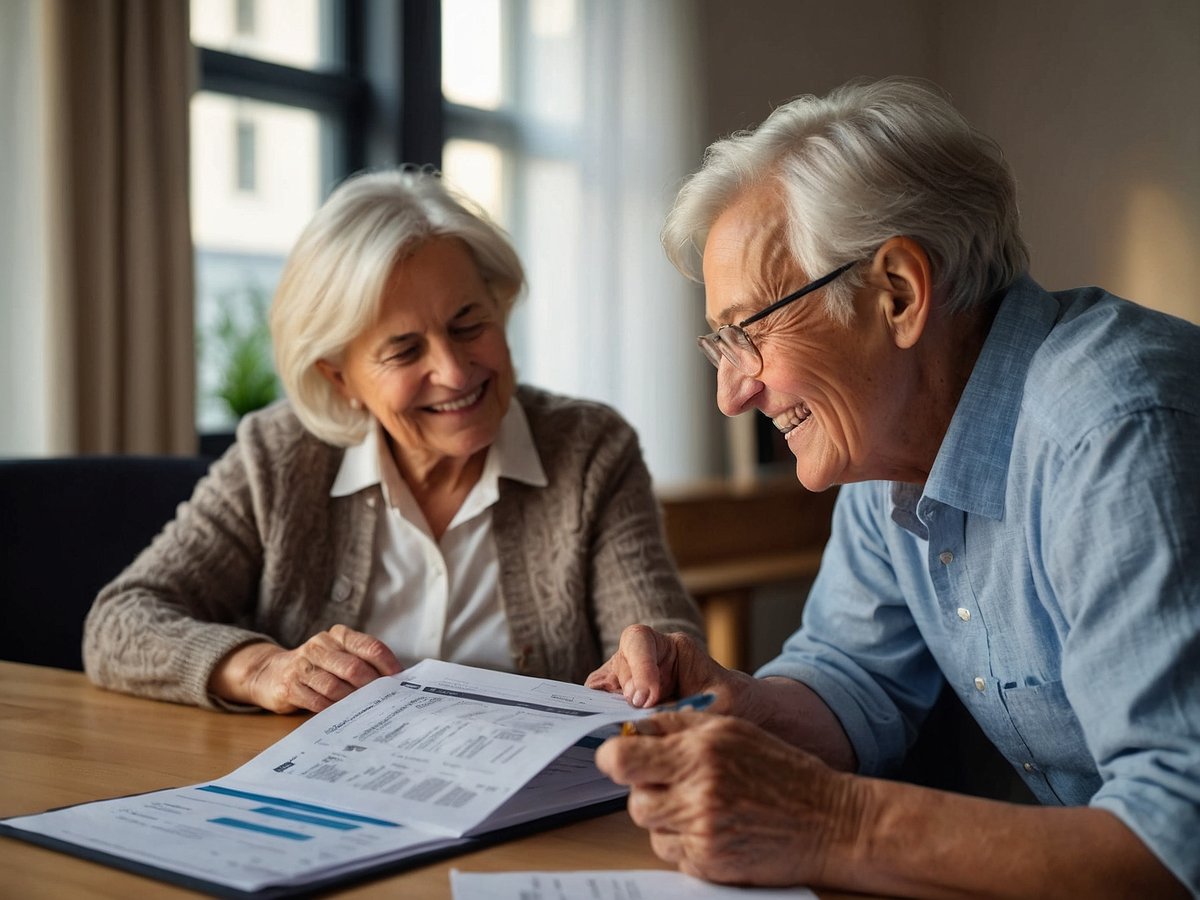 Ein lächelndes älteres Paar sitzt an einem Tisch und schaut sich gemeinsam Unterlagen an. Die Frau mit grauen Haaren trägt einen pulloverähnlichen Cardigan und die Bluse ist sichtbar. Der Mann mit ebenfalls grauen Haaren trägt ein hellblaues Hemd und eine Brille. Auf dem Tisch liegen verschiedene Dokumente, aus denen Diagramme und Zahlen zu erkennen sind. Die Atmosphäre wirkt freundlich und konzentriert, was auf eine gemeinsame Tätigkeit hindeutet, möglicherweise im Zusammenhang mit finanziellen oder steuerlichen Angelegenheiten wie der Günstigerprüfung oder dem Altersentlastungsbetrag. Im Hintergrund sind Fenster zu sehen, die viel Tageslicht hereinlassen.