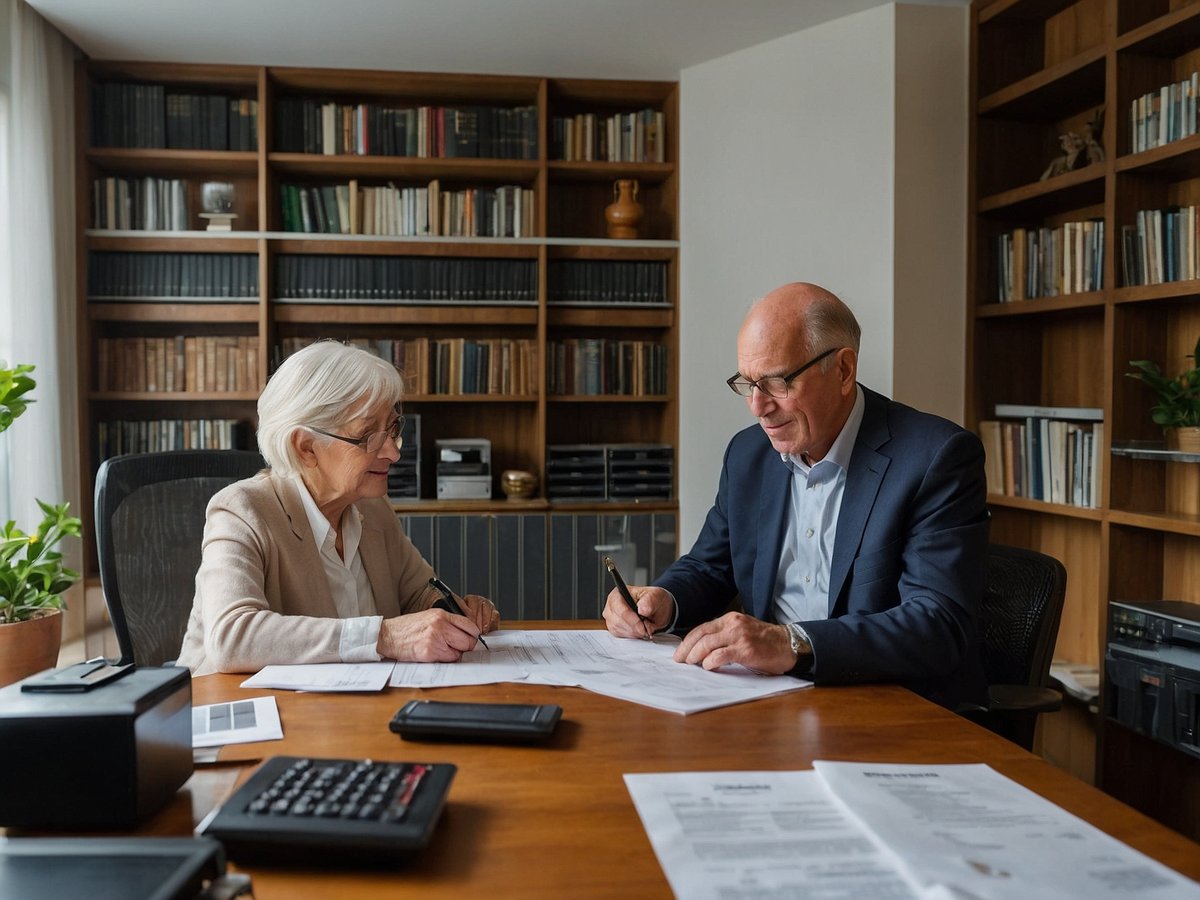 In einem modernen Arbeitszimmer sitzen zwei ältere Menschen an einem Holztisch und prüfen Dokumente. Die Frau mit grauen Haaren und Brille notiert etwas auf einem Blatt, während der Mann, ebenfalls mit Brille, aufmerksam auf ein Dokument schaut. Im Hintergrund sind Bücherregale mit vielen Büchern zu sehen, sowie einige Pflanzen und Büromaterialien auf dem Tisch. Diese Szene könnte den Prozess des Steuern sparen im Home-Office symbolisieren.