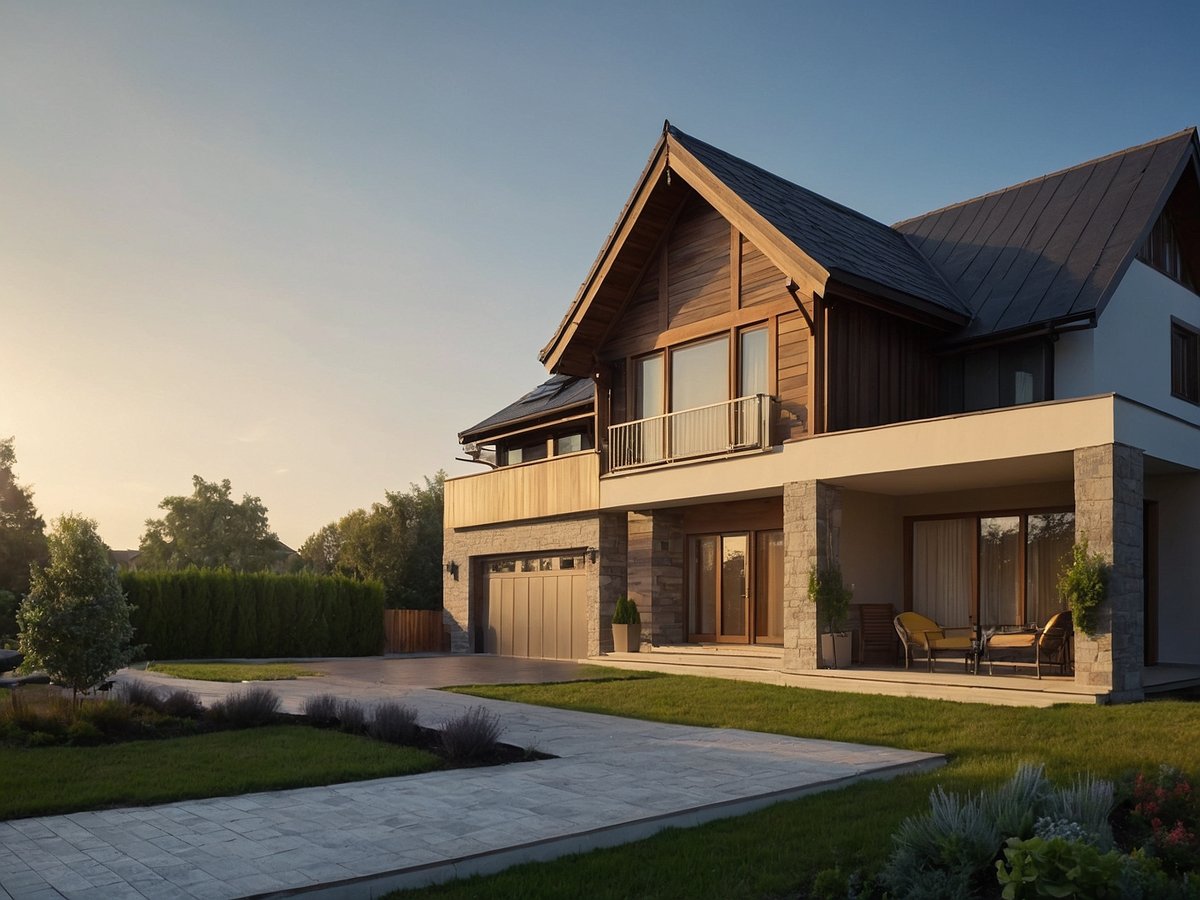 Das Bild zeigt ein modernes Einfamilienhaus mit einer Kombination aus Holz- und Steinverkleidung. Das Gebäude hat ein geneigtes Dach und große Fenster, die reichlich Tageslicht hereinlassen. Vor dem Haus sind eine gepflegte Rasenfläche sowie gepflasterte Gehwege zu sehen. Auf der Terrasse stehen zwei elegante Stühle mit einem kleinen Tisch, umgeben von grünen Pflanzen. Im Hintergrund sind Bäume und eine Hecke sichtbar, die dem Grundstück Privatsphäre bieten.