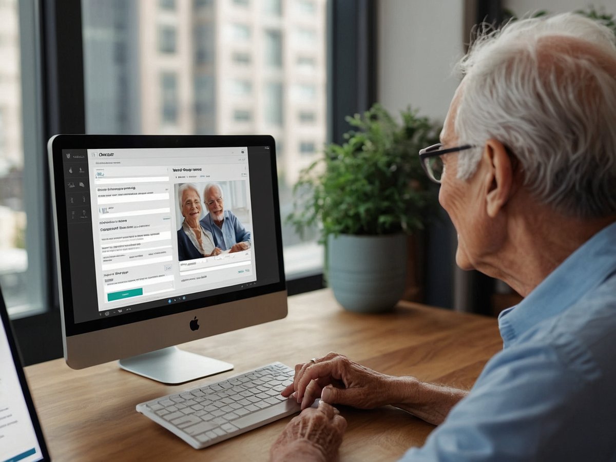 Ein älterer Mann sitzt an einem Schreibtisch vor einem Computerbildschirm und betrachtet eine Anwendung zur Steuererklärung. Auf dem Bildschirm sind ein Eingabefeld und ein Video mit einem lächelnden älteren Paar zu sehen. Der Mann hat graues Haar und trägt eine Brille. Neben ihm steht ein Topf mit einer grünen Pflanze und die Fenster im Hintergrund bieten einen Blick auf städtische Gebäude.