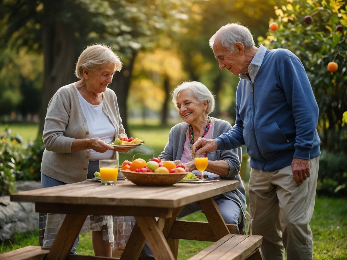 Im Bild sind drei Senioren zu sehen, die an einem Holztisch im Freien sitzen und gemeinsam Obst genießen. Eine Frau reicht einer anderen Frau eine Schale mit frischem Obst. Beide Frauen lächeln und wirken fröhlich. Ein Mann steht neben dem Tisch und hält eine Orangensaftschorle in der Hand, während er sich angeregt mit den Frauen unterhält. Der Hintergrund zeigt eine grüne Landschaft mit Bäumen und einer blühenden Gartenlandschaft, die eine einladende und gesunde Atmosphäre vermittelt. Diese Zusammenkunft unterstreicht die Bedeutung von gesunder Ernährung und sozialer Interaktion für ein langes und erfülltes Leben.