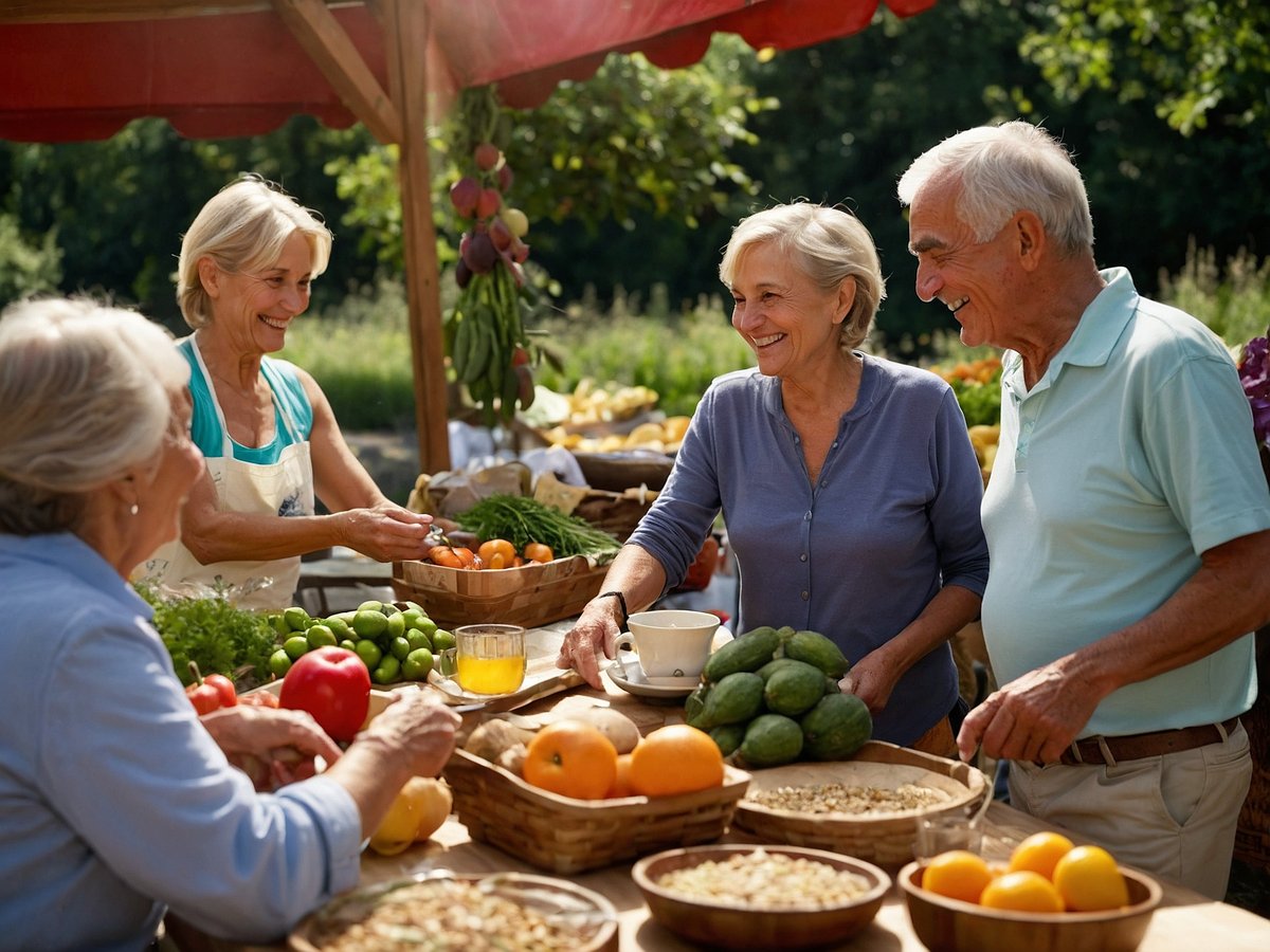Eine Gruppe von älteren Menschen steht an einem Marktstand, an dem frische Lebensmittel verkauft werden. Die Atmosphäre ist freundlich und unbeschwert. Frau mit blonden kurzen Haaren und Schürze präsentiert lächelnd Gemüse und Früchte, während ein älteres Paar interessiert auf die Angebote schaut. Der Mann trägt ein hellblaues Shirt und die Frau ein graues Oberteil. Auf dem Tisch liegen verschiedene Körbe mit frischem Obst und Gemüse wie Äpfel, Orangen, Limetten und grünen Avocados. In einem Glas steht frisch gepresster Saft, und ein graziler Holzteller zeigt eine große Schale mit Granola. Der Stand ist von buntem frischem Gemüse umgeben, und im Hintergrund sind Bäume und Sträucher zu sehen, die eine natürliche Umgebung schaffen. Das Bild vermittelt ein Gefühl von Gesundheit und Frische durch eine ausgewogene Ernährung.