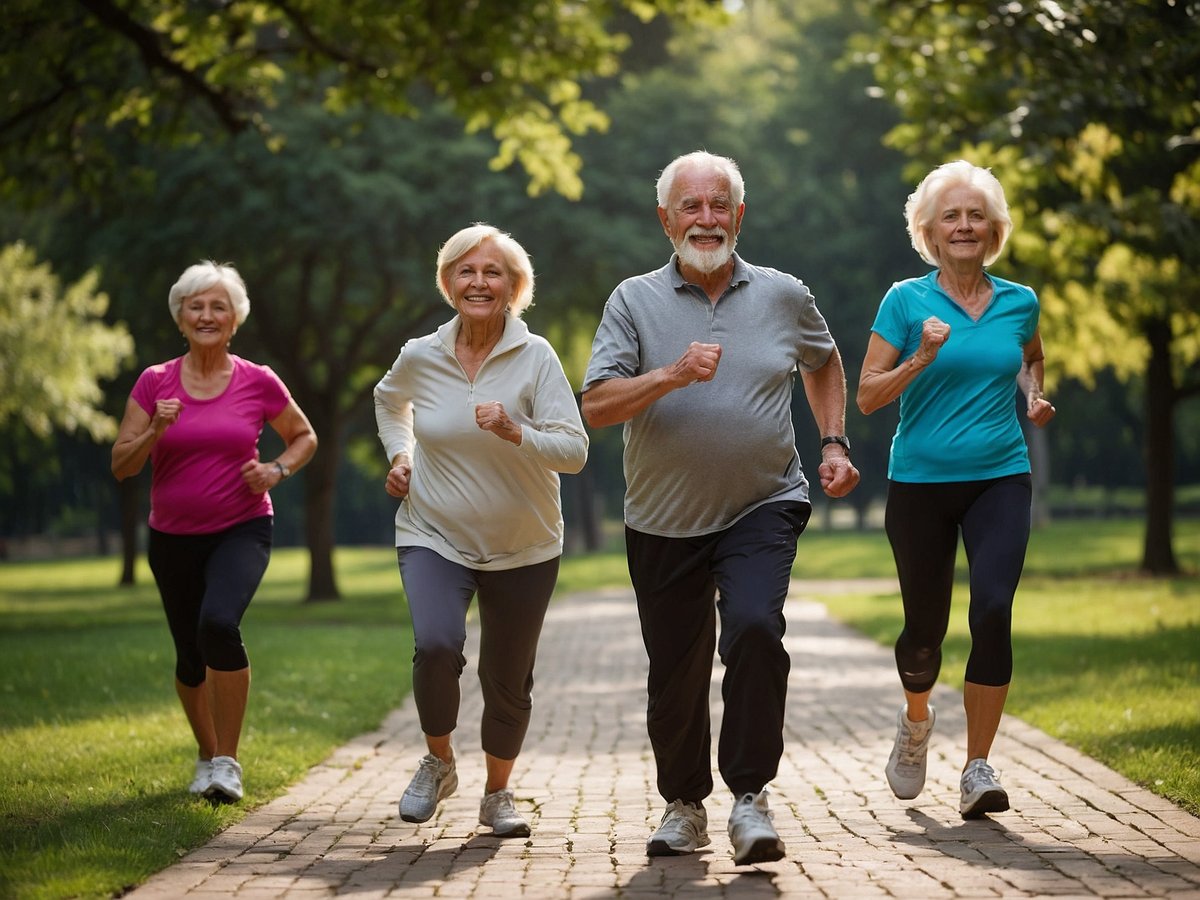 Vier ältere Menschen joggen fröhlich auf einem Weg in einem Park umgeben von Bäumen und grünem Gras. Die Gruppe besteht aus zwei Frauen und einem Mann, die aktiv und energiegeladen wirken. Es ist ein sonniger Tag, was zur positiven Atmosphäre beiträgt. Diese Szene verdeutlicht, wie wichtig Bewegung und Sport für die Gesundheit im Seniorenalter sind. Gesund bleiben durch Sport und Bewegung.