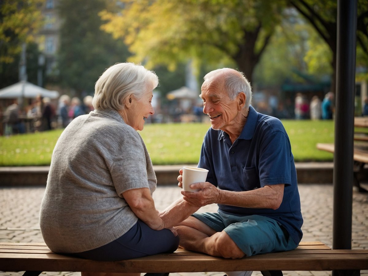 Ein älteres Paar sitzt auf einer Bank im Park. Sie lächeln sich an und halten sich an den Händen. Der Mann hat eine Tasse in der Hand und trägt ein dunkelblaues T-Shirt. Die Frau trägt einen grauen Pullover und hat helles Haar. Im Hintergrund sind Bäume und andere Menschen zu sehen, die sich im Park aufhalten. Das Bild vermittelt eine Atmosphäre von Freude, Verbundenheit und sozialer Interaktion, was zu einer Stärkung der psychischen und sozialen Gesundheit beiträgt.