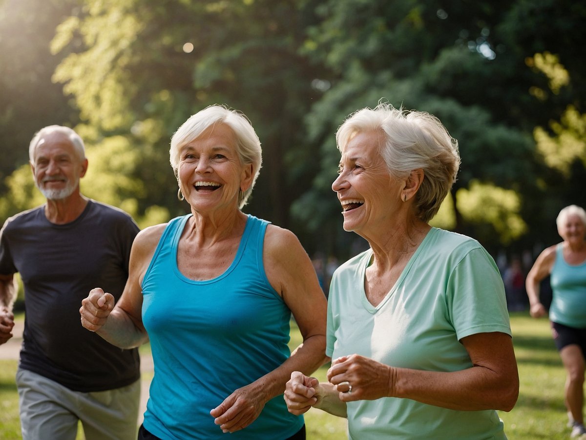Eine Gruppe älterer Menschen joggt fröhlich in einem Park. Zwei Frauen in sportlichen Oberteilen lächeln und unterhalten sich während des Laufens. Im Hintergrund sind weitere Personen zu sehen, die ebenfalls aktiv sind. Die Umgebung ist grün und sonnig, was eine positive und gesunde Atmosphäre vermittelt. Das Bild fördert Aktivität und Gemeinschaft unter Senioren, was zur Steigerung der Gesundheitskompetenz beitragen kann.