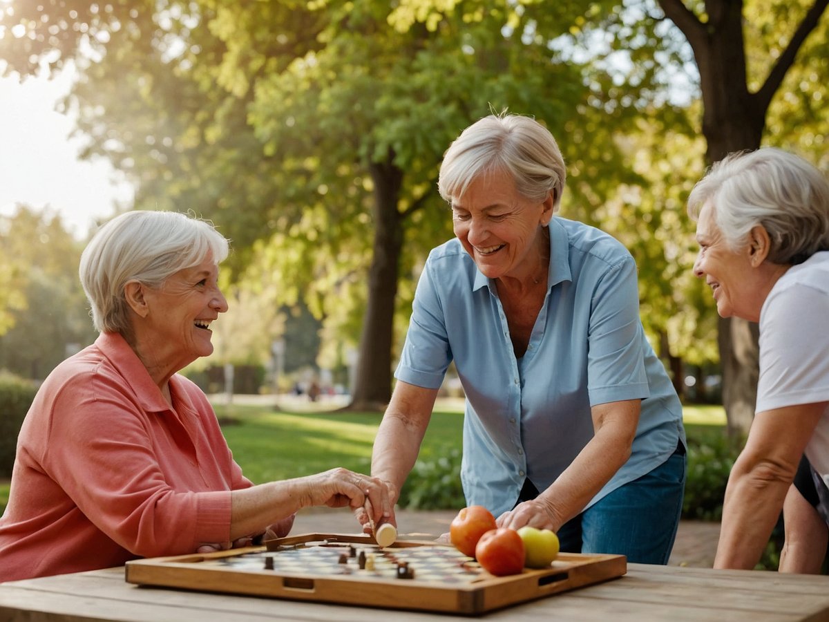 Drei ältere Frauen spielen draussen in einem Park ein Brettspiel auf einem Tisch aus Holz. Sie lachen und haben Freude am Spiel. Auf dem Tisch liegen einige Äpfel neben dem Spielbrett. Die Umgebung ist von sattem Grün und Bäumen umgeben, was eine einladende und entspannte Atmosphäre schafft. Die Frauen sind freundlich gekleidet, und das Sonnenlicht strahlt durch die Bäume, wodurch eine warme Stimmung entsteht. Dieses Bild vermittelt das Gefühl von Gemeinschaft, Freude und aktiver Lebensweise im Alter.