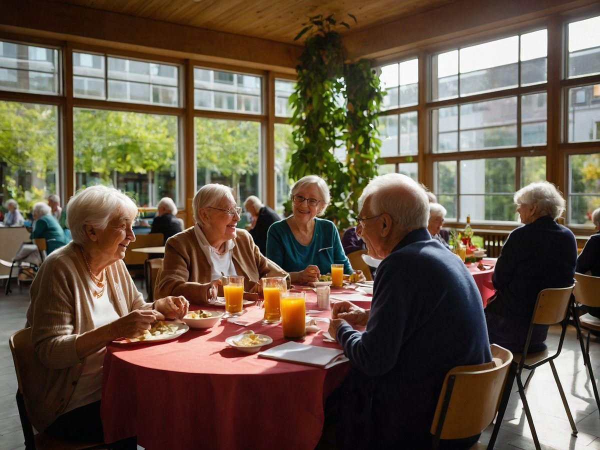 Eine Gruppe von Senioren sitzt an einem Tisch in einem hellen Speisesaal mit großen Fenstern, durch die viel natürliches Licht strömt. Die Atmosphäre ist freundlich und gemütlich. Auf dem Tisch stehen mehrere Gläser mit orangefarbenem Saft und die Senioren genießen ihr Essen. Sie lachen und unterhalten sich, während sie ihren Teller mit einer Mahlzeit füllen. Im Hintergrund sind weitere Senioren zu sehen, die ebenfalls miteinander interagieren. Die Einrichtung ist modern und einladend, um eine gesunde und soziale Umgebung zu fördern.