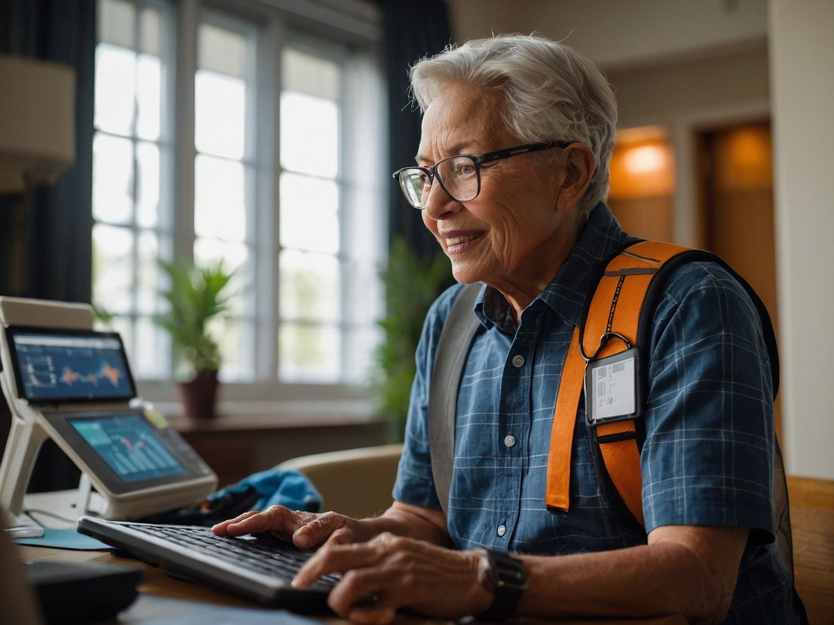 Eine ältere Person sitzt an einem Schreibtisch und tippt auf einer Tastatur während sie auf einen Bildschirm schaut, der Informationen über Gesundheitsdaten anzeigt. Die Person trägt eine Brille und hat kurzes, graues Haar. Sie trägt eine kariertes Hemd und hat einen Rucksack mit einem orangefarbenen Schultergurt auf einem Arm. Im Hintergrund sind große Fenster zu sehen, durch die Tageslicht fällt, und einige Pflanzen stehen auf der Fensterbank. Die Szene vermittelt ein Gefühl von aktiver Lebensführung und proaktiven Gesundheitsstrategien.
