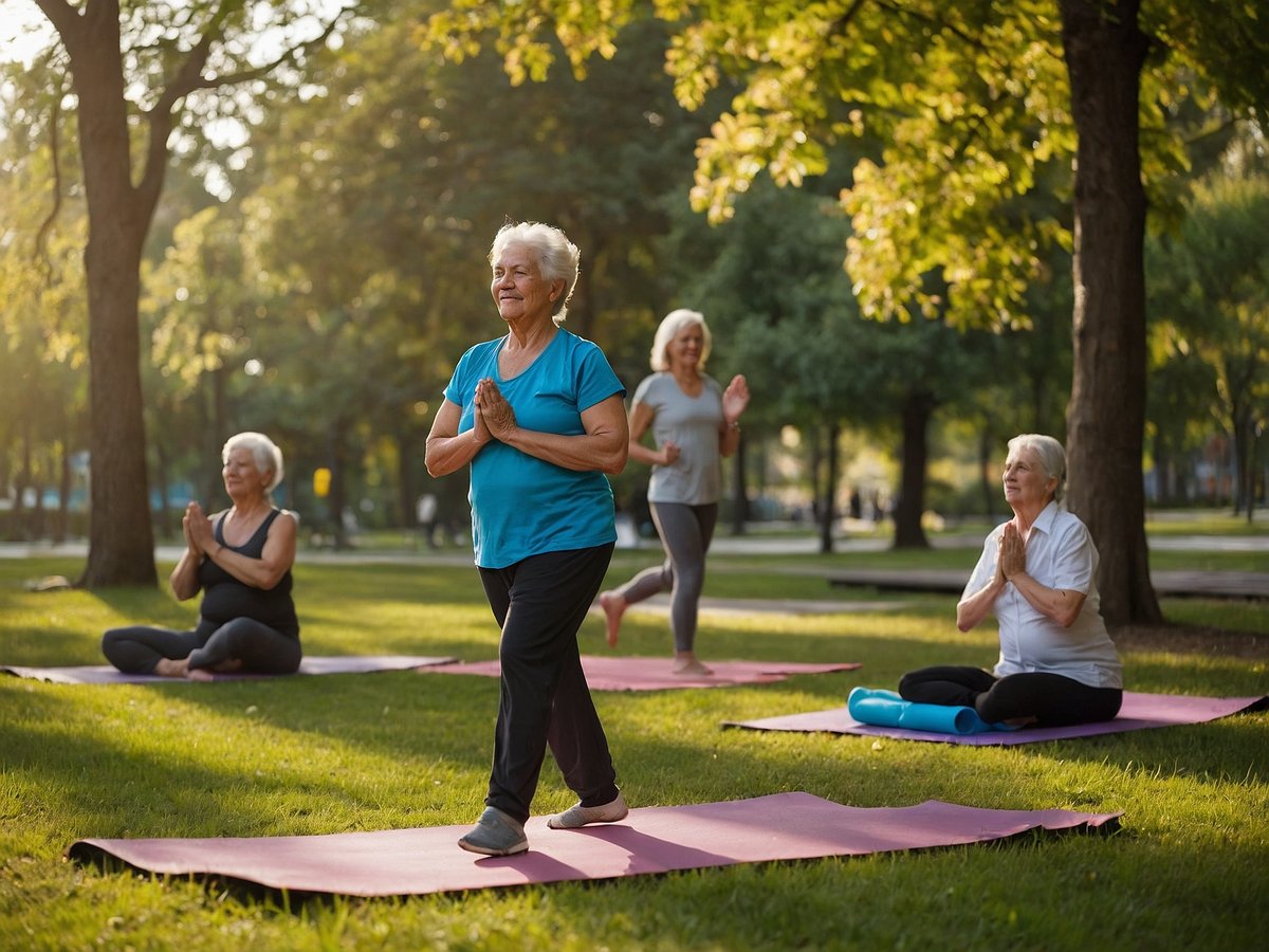 Eine Gruppe älterer Frauen praktiziert Yoga im Freien auf einer Wiese. Im Vordergrund steht eine Frau mit grauen Haaren, die in einer Übung ist und die Hände vor der Brust hält. Neben ihr sitzt eine weitere Frau in einer entspannten Position mit einem Yoga-Roll. Im Hintergrund sind zwei Frauen zu sehen, die sich ebenfalls mit Yoga beschäftigen, eine von ihnen lächelt und macht eine dynamische Bewegung. Die Bäume sind grün und die Sonne scheint, was eine einladende und ruhige Atmosphäre schafft. Diese Szene fördert die körperliche Aktivität und das Wohlbefinden im Alter durch Yoga und die Verbindung zur Natur.