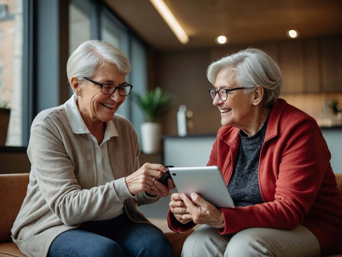 Zwei ältere Frauen sitzen auf einer Couch in einem modernen Raum mit großen Fenstern. Sie lächeln und wirken entspannt, während sie gemeinsam mit einem Tablet interagieren. Eine der Frauen hält das Tablet und zeigt etwas darauf, während die andere aufmerksam schaut und einen kleinen tragbaren Monitor in der Hand hält. Der Raum ist hell erleuchtet und mit Pflanzen dekoriert, was eine freundliche und einladende Atmosphäre schafft. Die Szene verdeutlicht, wie Technologie als Hilfsmittel zur Gesundheitsüberwachung genutzt werden kann und gleichzeitig soziale Interaktion fördert.