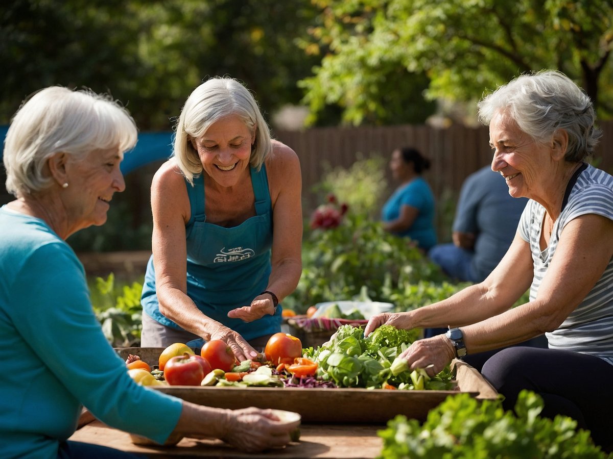 Auf dem Bild sind drei ältere Frauen zu sehen, die gemeinsam im Freien an einem Tisch mit frischem Gemüse und Obst arbeiten. Eine Frau trägt ein blaues Oberteil und lächelt, während sie einige Tomaten und andere Gemüse auf einem Tablett sortiert. Die zweite Frau hilft ihr dabei, während die dritte Frau auf der anderen Seite des Tischs mit mehreren Blättern Salat beschäftigt ist und ebenfalls lächelt. Im Hintergrund sind weitere Personen und Pflanzen zu sehen, die das gemeinschaftliche Gartenprojekt zur Förderung der Gesundheit unterstützen.