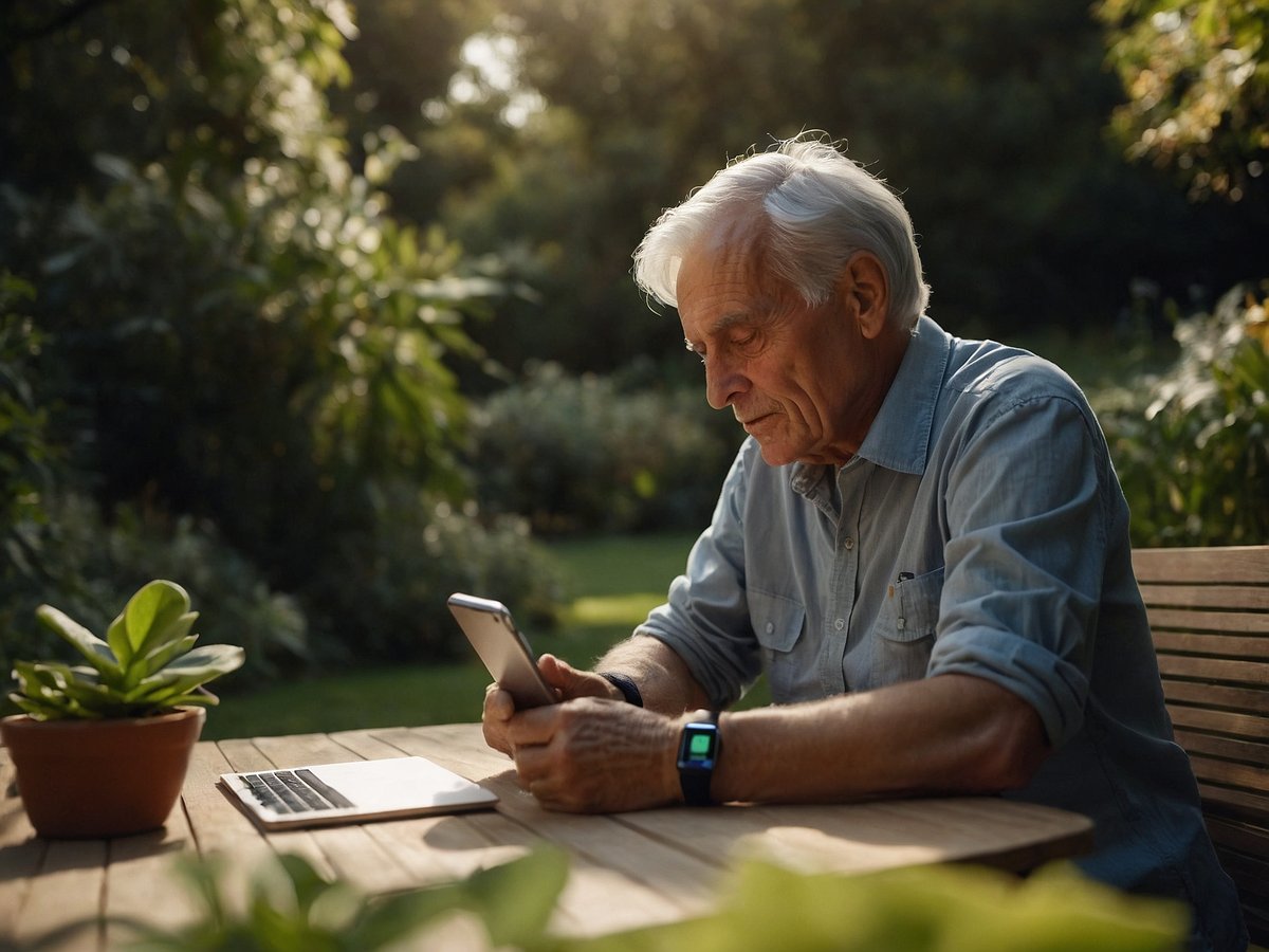 Ein älterer Mann mit grauem Haar sitzt an einem Holztisch im Freien und schaut konzentriert auf sein Smartphone. Vor ihm liegt ein offenes Laptop und eine kleine Topfpflanze. Die Umgebung ist grün und sonnig, mit vielen Pflanzen im Hintergrund, die eine entspannte Atmosphäre schaffen. Der Mann trägt ein helles Hemd und ein Fitnessarmband am Handgelenk.