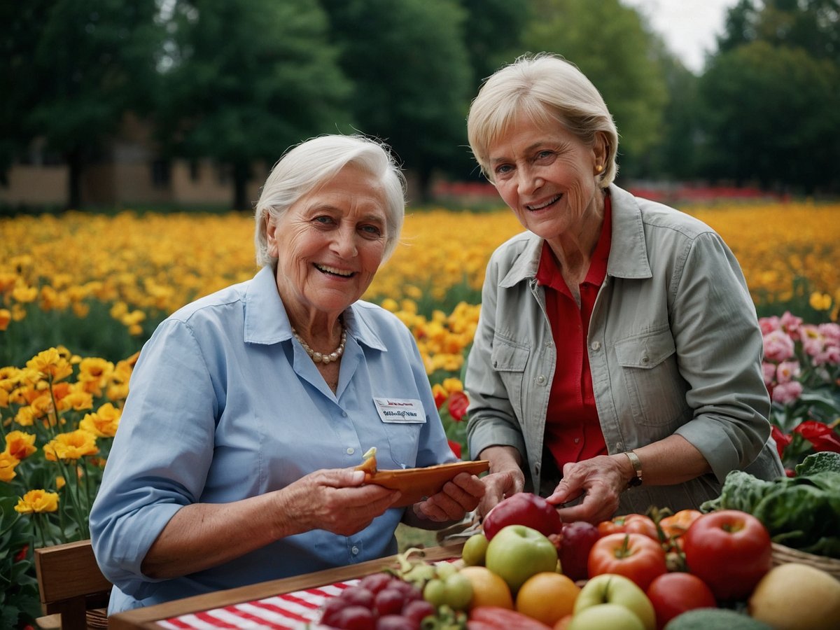 Auf dem Bild sind zwei ältere Frauen in einem Garten zu sehen, umgeben von bunten Blumen. Sie lächeln und wirken freundlich. Vor ihnen steht ein Tisch mit frischem Obst und Gemüse, darunter Äpfel, Tomaten und andere Sorten. Die Frauen scheinen sich über die Lebensmittel zu freuen und möglicherweise etwas über gesunde Ernährung zu besprechen. Im Hintergrund sind leuchtend gelbe Blumen zu sehen, die eine fröhliche und einladende Atmosphäre schaffen.
