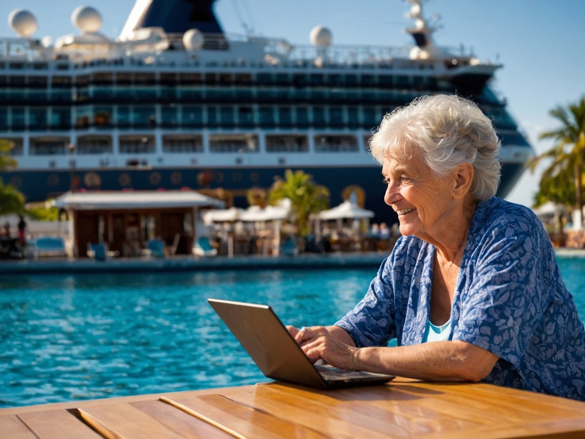 Eine ältere Frau sitzt an einem Holztisch am Strand und lächelt, während sie an einem Laptop arbeitet. Im Hintergrund ist ein großes Kreuzfahrtschiff zu sehen, das im Hafen liegt. Die Szenerie wird von einem glitzernden Pool und Palmen umrahmt, die einen entspannten Urlaubsflair vermitteln. Diese Darstellung ist ideal für Senioren, die mehr über elektronische Patientenakten und Tipps für Kreuzfahrten erfahren möchten.
