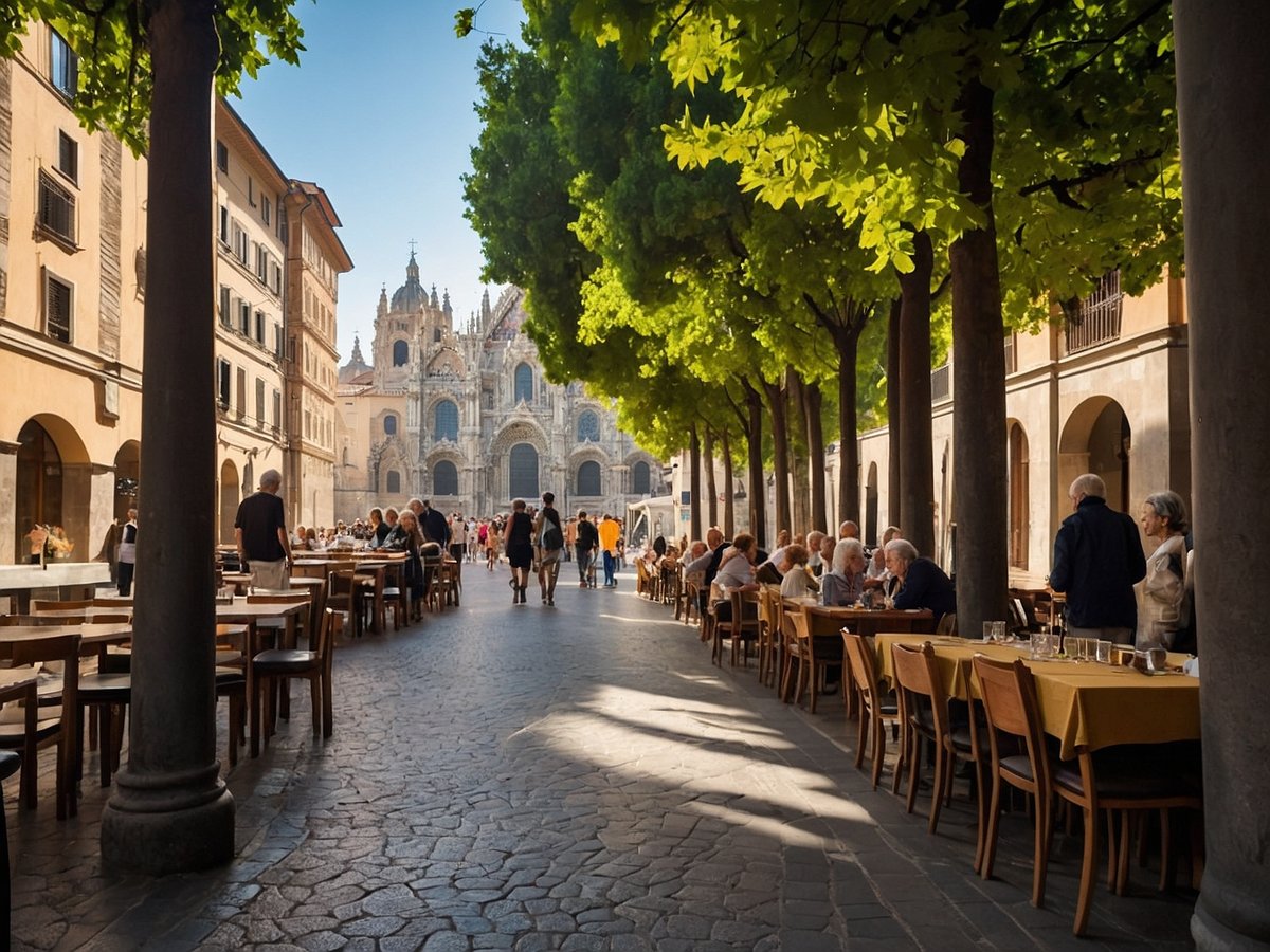 Eine lebhafte Straßenszene mit zahlreichen Tischen und Stühlen im Freien, die von Bäumen gesäumt ist. Ältere Menschen sitzen an den Tischen und unterhalten sich. Im Hintergrund ist eine beeindruckende Kathedrale zu sehen, die von einer warmen Sonne beleuchtet wird. Die Atmosphäre wirkt einladend und gesellig, ideal für Seniorenreisen in eine schöne Stadt.