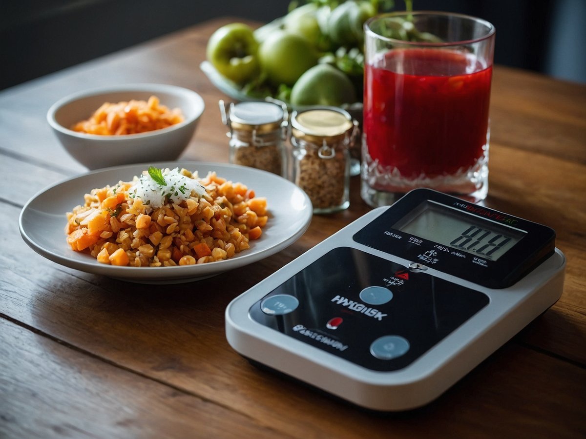 Auf dem Bild sind eine Mahlzeit und ein digitales Küchengerät zu sehen. Auf einem weißen Teller liegt eine bunte Mischung aus gekochten Körnern und Gemüse, garniert mit frischen Kräutern. Hinter dem Teller befindet sich eine Schüssel mit einem ähnlichen Gericht. Neben dem Teller steht eine digitale Küchenwaage, die eine Anzeige zeigt. Im Hintergrund sind Gläser mit rotem Saft und eine Schale mit grünen Äpfeln sichtbar, sowie kleine Gewürzbehälter. Der Tisch ist aus Holz und hat eine warme Ausstrahlung.