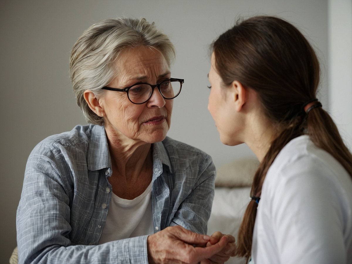 Auf dem Bild sieht man eine ältere Frau mit grauen Haaren und Brille, die besorgt aussieht und einer jüngeren Frau gegenübersitzt. Die ältere Frau hat die Hände leicht angewinkelt und scheint aufmerksam zuzuhören. Die jüngere Frau, möglicherweise eine Angehörige oder Pflegekraft, spricht in einem beruhigenden Ton. Anzeichen von Bluthochdruck können Müdigkeit, Kopfschmerzen oder Schwindel sein, die beide Frauen möglicherweise besprechen. Es könnte ein vertrauensvolles Gespräch über gesundheitliche Belange stattfinden.