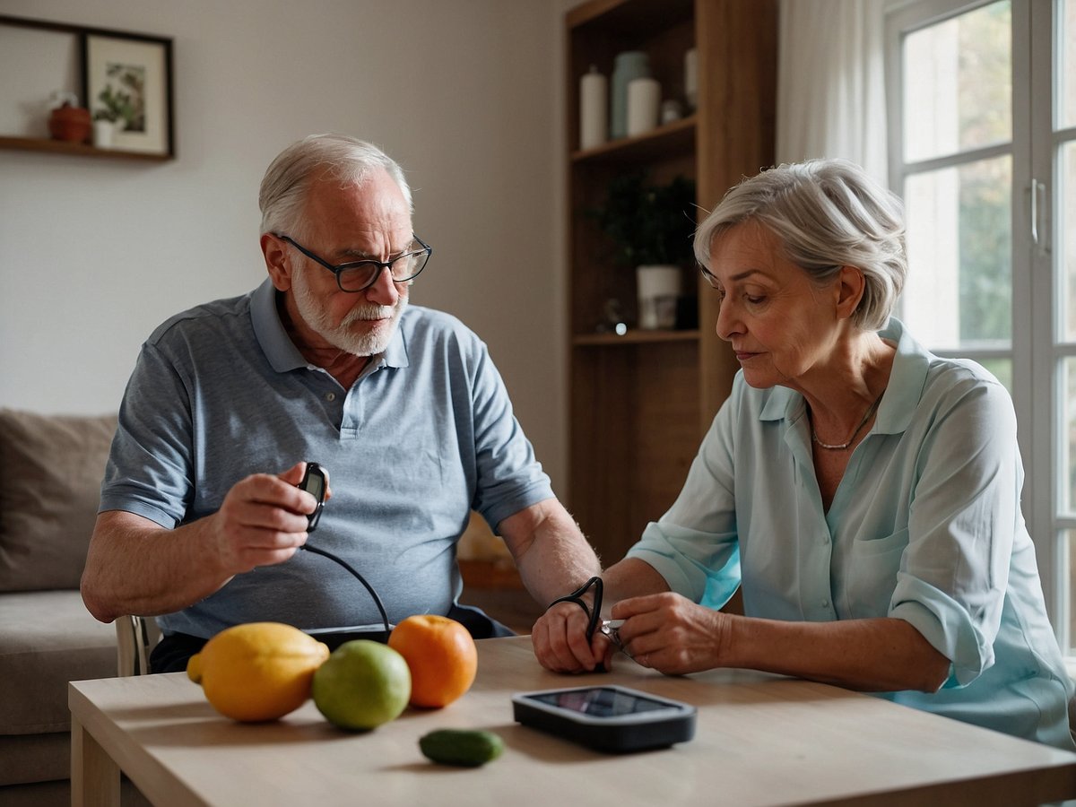 Ein älterer Mann und eine ältere Frau sitzen an einem Tisch in einem hellen Raum. Der Mann hält ein Messgerät und bereitet sich darauf vor, seinen Blutdruck zu messen. Die Frau schaut ihn aufmerksam an und scheint ihn dabei zu unterstützen. Auf dem Tisch liegen frisches Obst wie Zitronen, Äpfel und eine Orange, was auf eine gesunde Ernährung hinweisen könnte. Im Hintergrund sind Bücherregale und Fenster zu sehen, die für eine freundliche Atmosphäre sorgen. Diese Situation könnte Teil einer Gesundheitsüberwachung oder eines Blutdruck-Checks für Senioren sein. Eine geeignete Behandlung könnte regelmäßige Kontrollen, eine ausgewogene Ernährung und gegebenenfalls medikamentöse Therapie umfassen. Die Diagnose könnte Bluthochdruck sein, was bei älteren Menschen häufig vorkommt und durch einen gesundheitsbewussten Lebensstil verbessert werden kann.