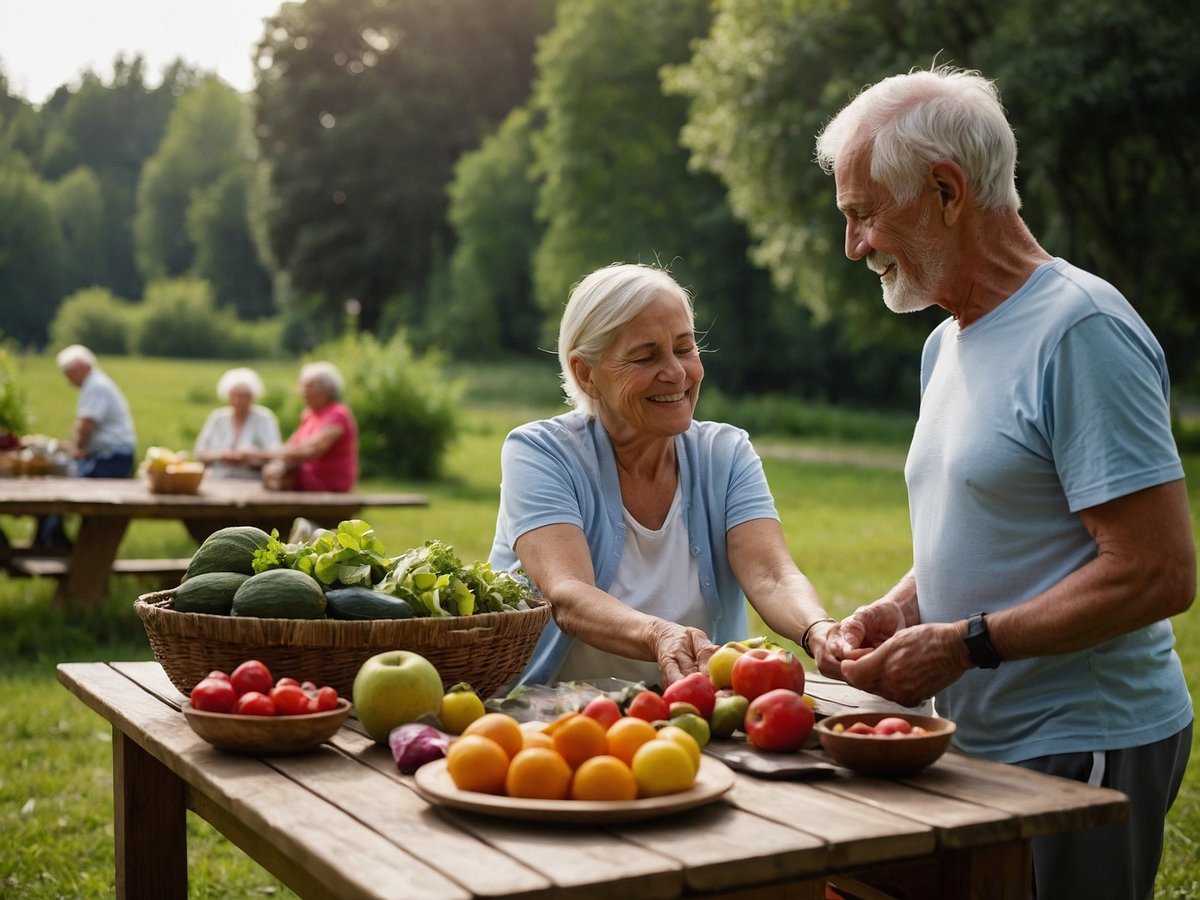 Eine ältere Frau und ein älterer Mann stehen an einem Holztisch im Freien und lächeln sich an. Der Tisch ist mit frischem Obst und Gemüse wie Äpfeln, Orangen, Tomaten, Salat und Zucchini gefüllt. Im Hintergrund sitzen zwei weitere ältere Paare an einem Tisch und genießen die Umgebung. Es ist ein sonniger Tag und die Landschaft ist von Bäumen und grünem Gras umgeben, was eine freundliche und entspannte Atmosphäre schafft.