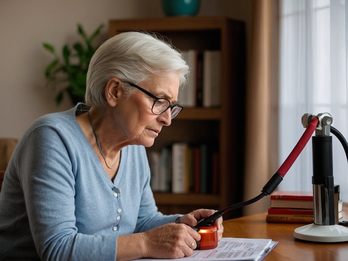 Eine ältere Frau mit grauen Haaren sitzt an einem Tisch und misst mit einem Blutdruckmessgerät ihren Blutdruck. Sie trägt eine blaue Strickjacke und hat eine konzentrierte Miene. Auf dem Tisch liegen mehrere Papiere, die vermutlich ihrer Gesundheitsüberwachung dienen. Im Hintergrund sind Regale mit Büchern und eine Pflanze zu sehen. Das Licht fällt sanft durch ein Fenster, was eine ruhige Atmosphäre schafft.