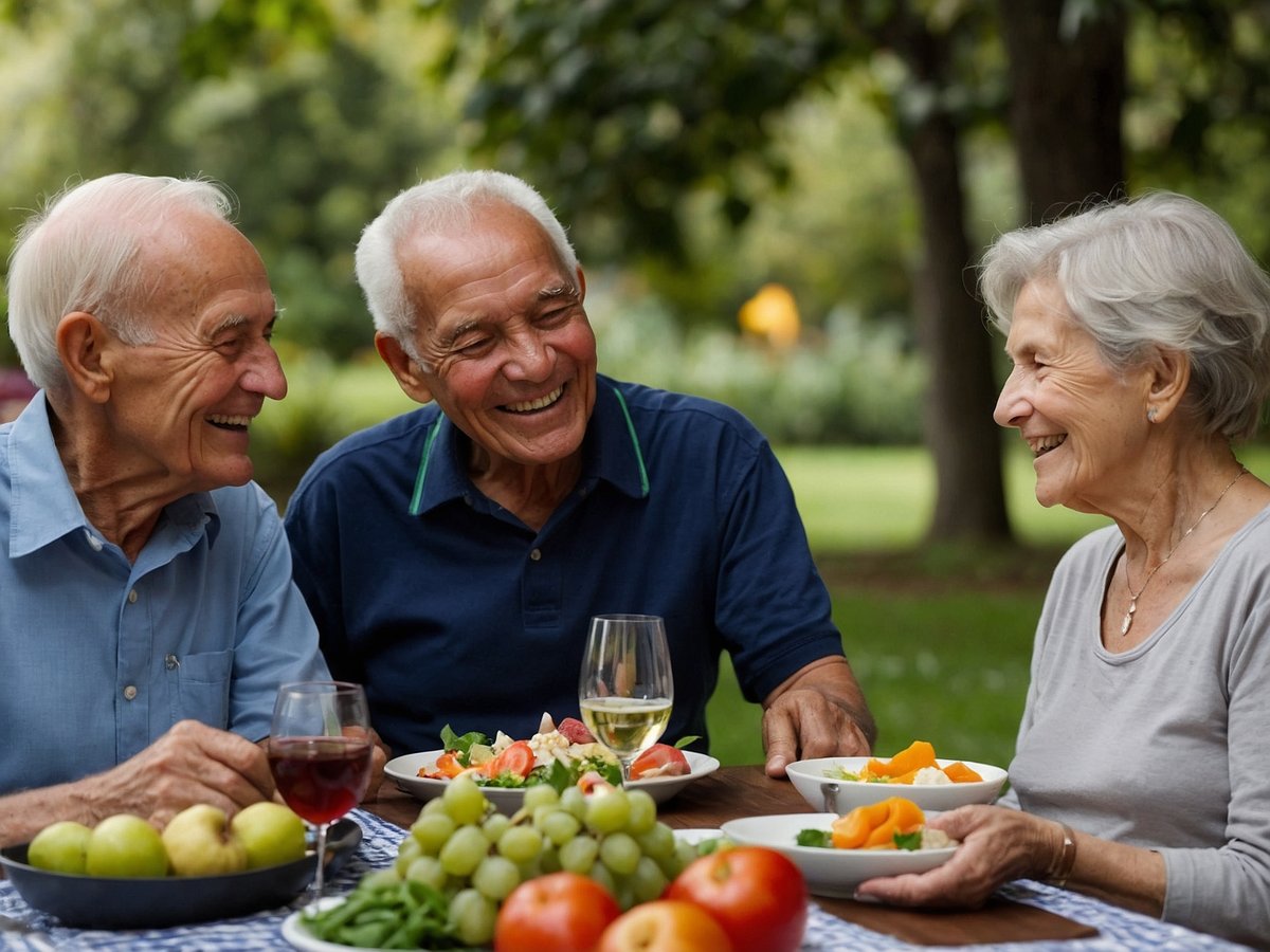 Eine Gruppe von älteren Menschen sitzt an einem Tisch im Freien und genießt gemeinsam eine Mahlzeit. Zwei Männer und eine Frau lachen und unterhalten sich freundlich. Auf dem Tisch sind verschiedene gesunde Speisen angerichtet, darunter frisches Obst, Gemüse und Salate. Die angenehme Atmosphäre und das gesellige Zusammensein unterstreichen die Bedeutung von Ernährung und Gemeinschaft im Alter.