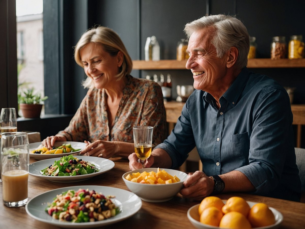 Ein älteres Paar sitzt an einem Tisch und genießt eine Mahlzeit zusammen. Vor ihnen stehen mehrere Schüsseln mit verschiedenen Salaten und Obst. Die Frau lächelt und hält eine Gabel in der Hand, während sie auf einen bunten Salat zeigt. Der Mann sitzt gegenüber und lächelt ebenfalls, er hält eine Schüssel mit geschnittenem Obst. Neben ihnen stehen Gläser mit Getränken, darunter ein Glas mit brauner Flüssigkeit und ein weiteres mit klarem Getränk. Auf dem Tisch liegt auch eine Schüssel mit frischen Orangen. Die Atmosphäre wirkt gemütlich und einladend, was typisch ist für gesellige Mahlzeiten.