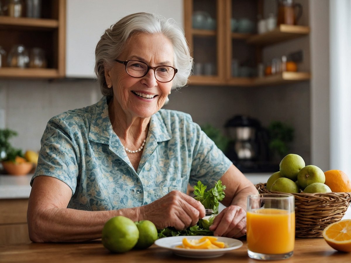 Eine ältere Frau sitzt an einem Holztisch in einer hellen Küche. Sie lächelt und schneidet frische Kräuter. Vor ihr befindet sich ein Teller mit geschnittenem Obst und ein Glas frisch gepresster Orangensaft. Neben ihr steht eine Schüssel mit grünen Äpfeln und einer Orange. Die Küche wirkt freundlich und einladend, mit Obst und Pflanzen im Hintergrund, was eine gesunde Lebensweise symbolisiert.