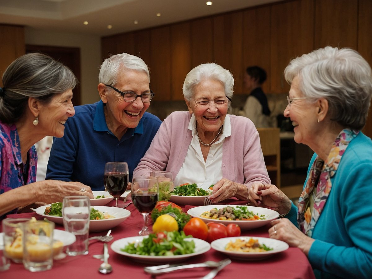 Eine Gruppe von vier älteren Frauen sitzt an einem Tisch, der mit einer Tischdecke in Rot bedeckt ist. Vor ihnen stehen mehrere Teller mit bunten, frischen Salaten und anderen Gerichten. Sie lachen und unterhalten sich angeregt, während sie gemeinsam essen. Zwei Frauen halten sich an den Händen, was eine Verbindung und Freude symbolisiert. Im Hintergrund sind weitere Personen zu sehen, die für das Essen sorgen. Die Atmosphäre wirkt warm und einladend, was die sozialen Aspekte des Essens in der Gemeinschaft unterstreicht.