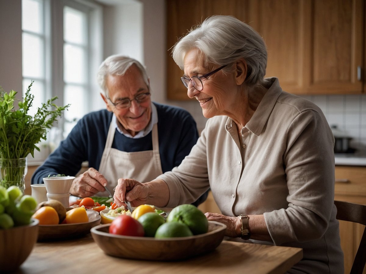 Ein älteres Paar sitzt an einem Tisch in einer hellen, freundlichen Küche und ist mit der Zubereitung von gesunden Speisen beschäftigt. Die Frau lächelt, während sie Gemüse auf ihrem Teller anrichtet. Der Mann schaut sie an und lächelt ebenfalls, während er seine Hände in einem vorbereiteten Salat hat. Am Tisch stehen verschiedene Schalen mit frischem Obst und Gemüse, wie Tomaten, Limetten, Äpfeln und anderen Zutaten. Auf der Arbeitsfläche sind Kräuter und Küchenutensilien zu sehen, die eine angenehme Atmosphäre der gemeinschaftlichen Zubereitung von Mahlzeiten schaffen.