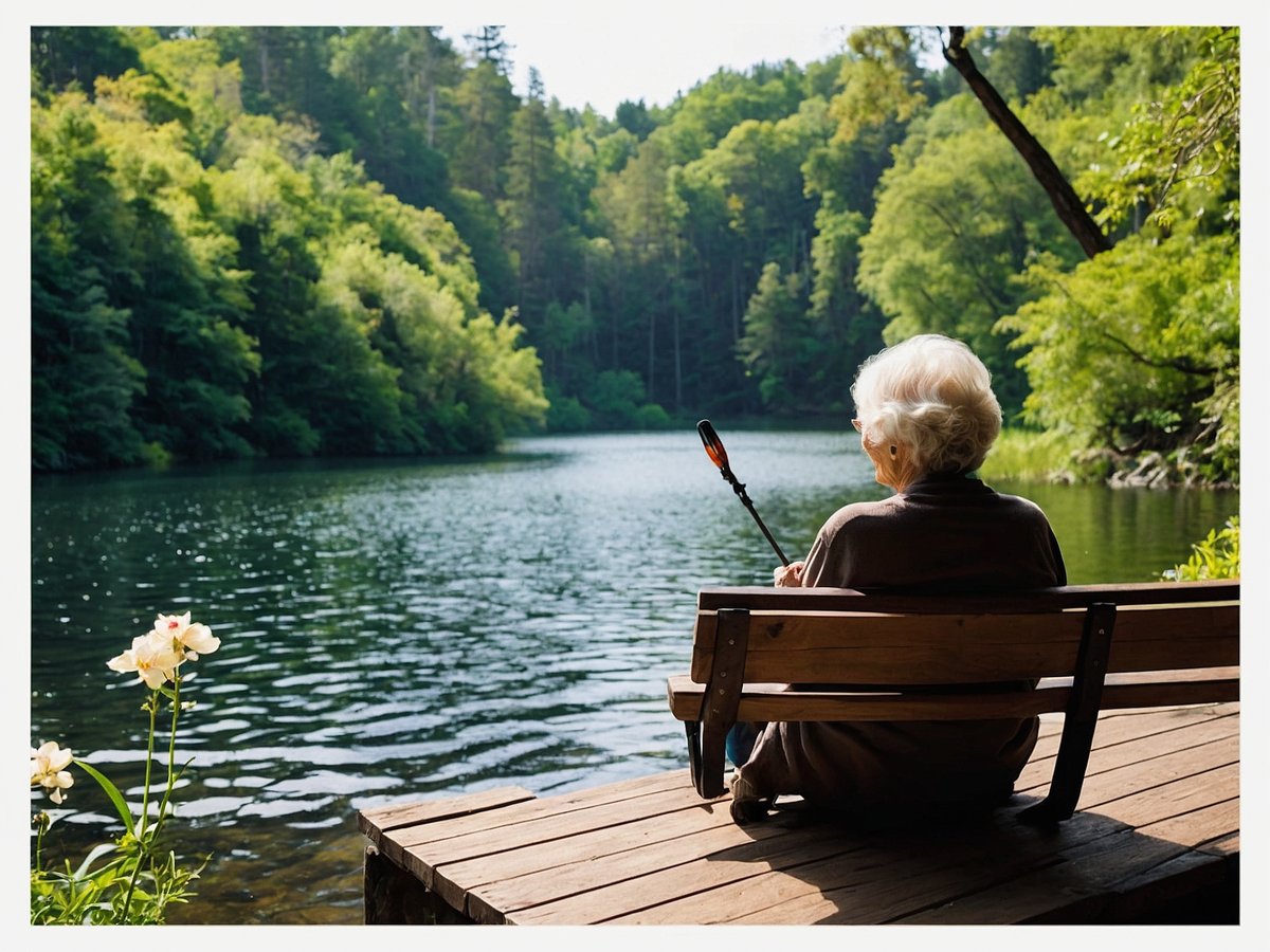 Eine ältere Dame sitzt auf einer Holzbank am Ufer eines ruhigen Sees. Hinter ihr erstreckt sich eine üppige grüne Waldlandschaft mit hohen Bäumen, die sanft im Licht der Sonne leuchten. Der See spiegelt das Grün der Umgebung wider und ist von einer friedlichen Atmosphäre umgeben. In der Hand hält die Dame einen Paddel oder einen Stock, während sie geduldig auf das Wasser blickt. Am Rand der Bank blühen einige weiße Blumen und verleihen der Szene eine zusätzliche Note von Naturverbundenheit.