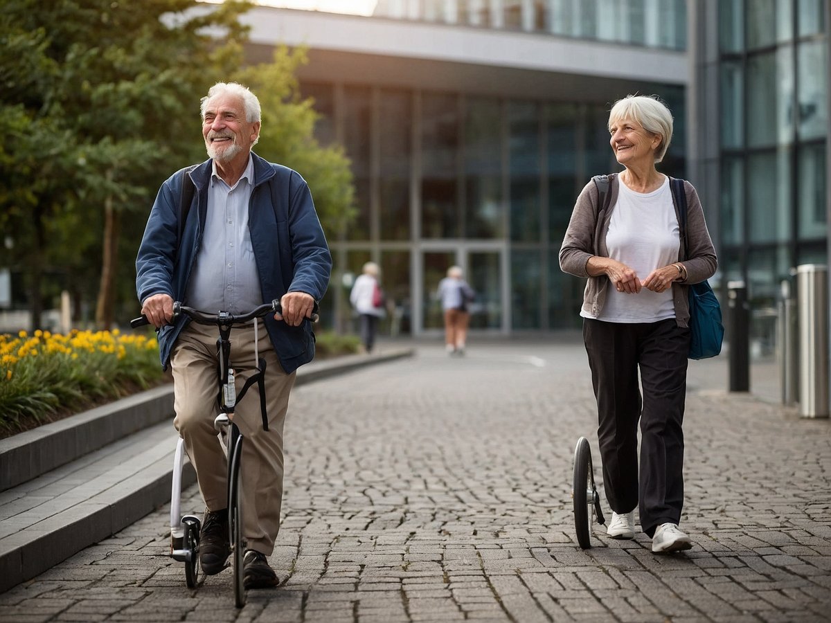 Ein älterer Mann fährt auf einem Roller und lächelt während er auf einem gepflasterten Weg geht. Neben ihm geht eine ältere Frau, die ebenfalls lächelt und eine praktische Tasche trägt. Im Hintergrund sind einige andere Personen zu sehen, die sich in einem modernen städtischen Umfeld bewegen. Umgebende Blumenbeete und Glasfassaden vermitteln eine freundliche Atmosphäre. Die Szene zeigt aktive Entscheidungen im täglichen Verkehr und das Genießen der frischen Luft.
