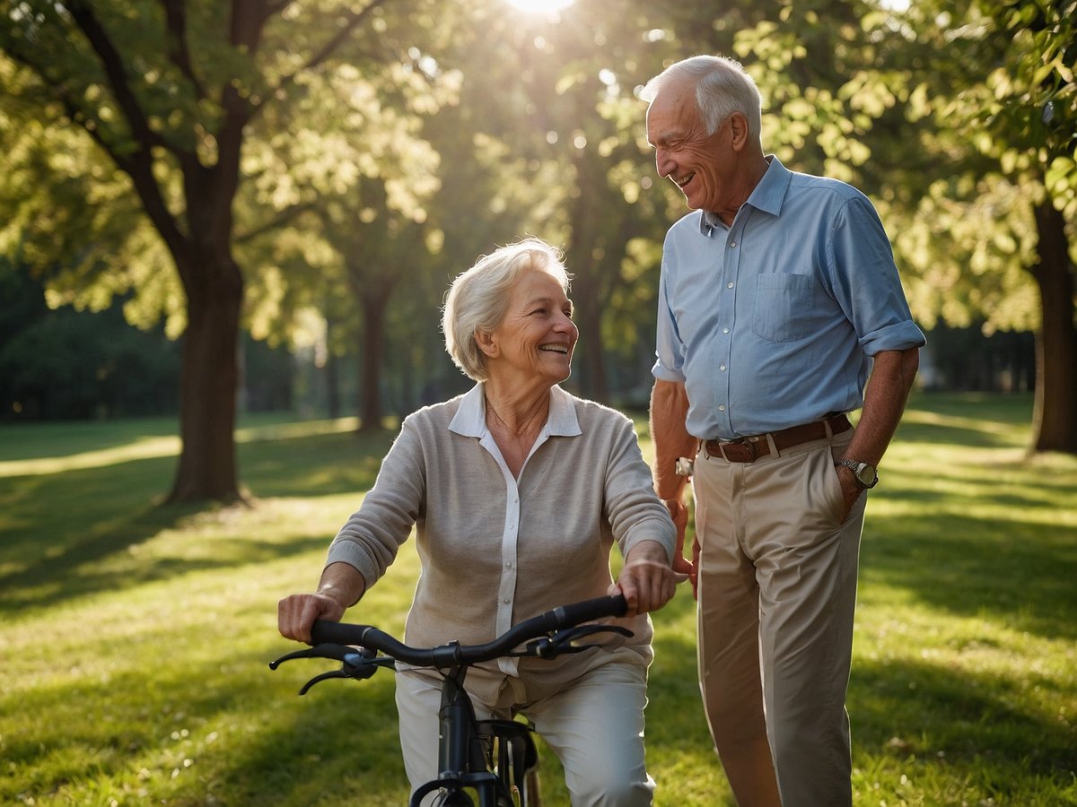 Ein älteres Ehepaar genießt einen sonnigen Tag im Park. Die Frau sitzt auf einem Fahrrad und lächelt, während sie mit ihrem Mann spricht, der neben ihr steht und ebenfalls lächelt. Beide tragen lässige, hellfarbige Kleidung und die Umgebung ist von grünen Bäumen und Sonnenlicht geprägt. Die Szene strahlt Freude und Verbundenheit aus, was die wichtigen Momente im Alltag von Senioren unterstreicht.