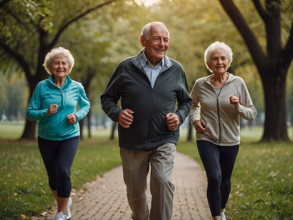 Eine Gruppe von älteren Menschen joggt fröhlich in einem Park auf einem gepflasterten Weg umgeben von Bäumen und grüner Natur. Der Mann in der Mitte trägt eine graue Jacke und lächelt, während die beiden Frauen auf beiden Seiten ebenfalls lächeln und sportliche Kleidung tragen. Es ist ein sonniger Tag und die Stimmung ist aktiv und positiv.
