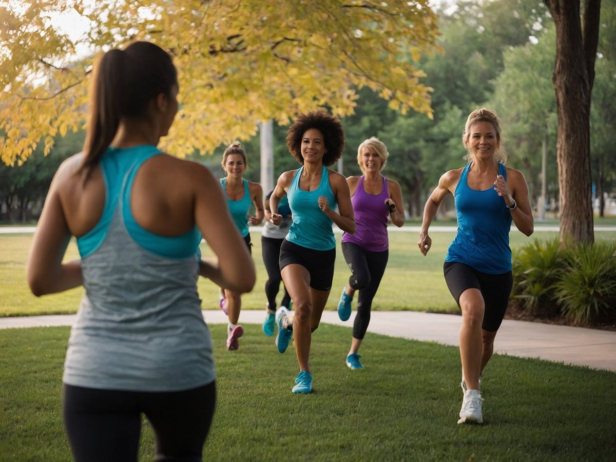 Eine Gruppe von fünf Frauen joggt fröhlich in einem Park auf einem Bürgersteig entlang der Wiese. Sie tragen sportliche Kleidung in kräftigen Farben und scheinen viel Spaß zu haben, während sie zusammen aktiv sind. Die Umgebung ist grün und sonnig mit Bäumen im Hintergrund, die eine freundliche Atmosphäre schaffen.