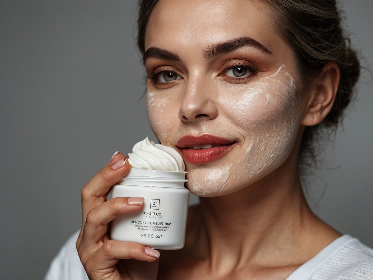 Eine Frau mit einem frischen, natürlichen Make-up-Look hält einen Behälter mit Creme in der Hand. Ihr Gesicht ist teilweise mit einer weißen Gesichtsmaske bedeckt, die ihre Haut erfrischt und pflegt. Die Dame lächelt selbstbewusst in die Kamera, während sie die Creme präsentiert. Der Hintergrund ist neutral und lenkt nicht von dem Fokus auf ihr Gesicht und die Pflegeprodukte ab. Das Bild vermittelt ein Gefühl von Jugendlichkeit und Hautpflege im Alltag.