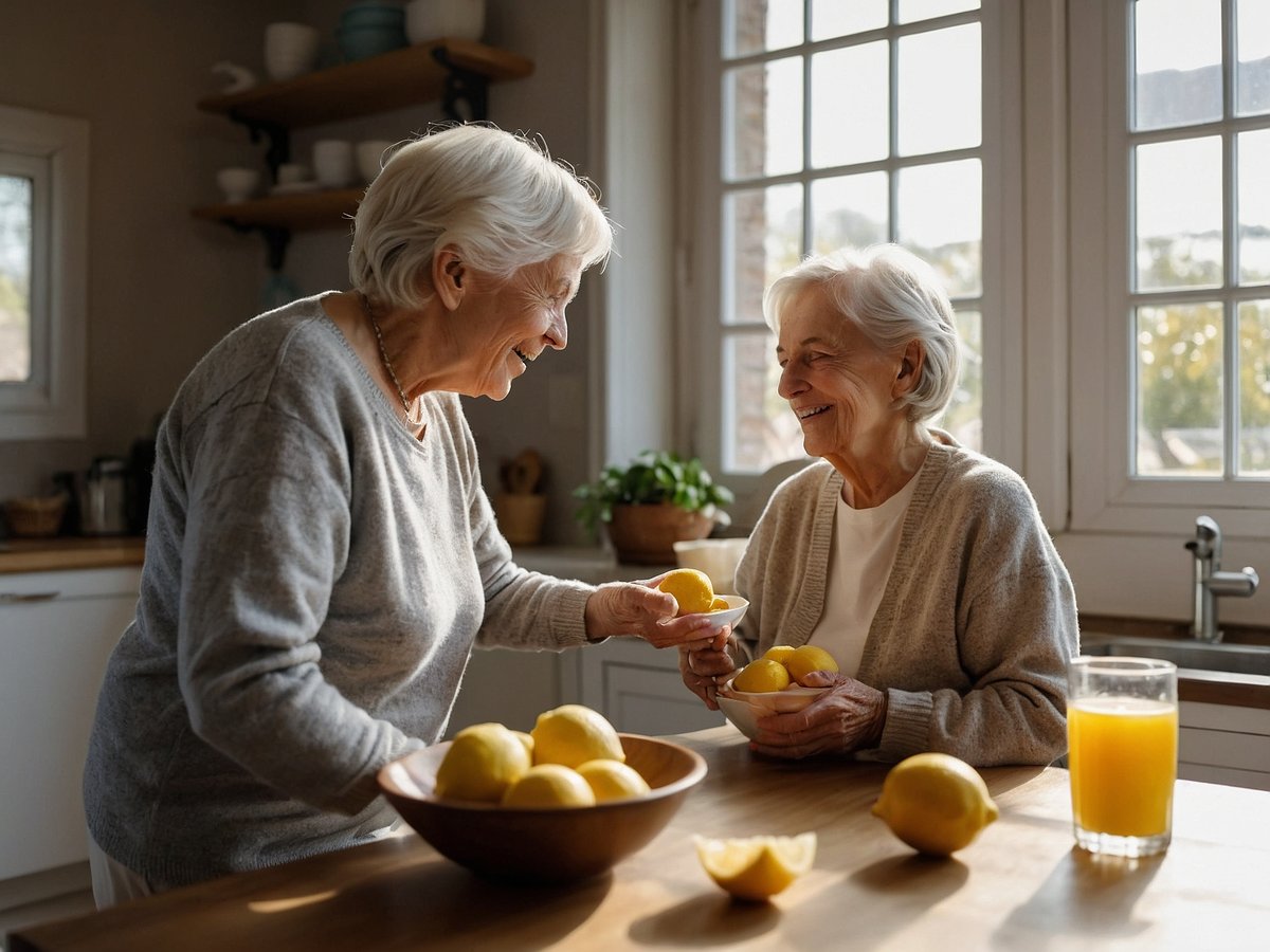 Zwei ältere Frauen stehen in einer modernen Küche und genießen einen fröhlichen Moment miteinander. Eine Frau in einem grauen Pullover reicht einer anderen Frau in einem hellen Oberteil eine Schale mit frischen Zitronen. Auf dem Tisch steht eine Schüssel mit weiteren Zitronen sowie ein Glas frisch gepresster Orangensaft. Durch die großen Fenster strömt natürliches Licht hinein und schafft eine einladende Atmosphäre. In der Küche sind einige Pflanzen und Geschirr sichtbar, die den Raum lebendig wirken lassen. Diese Szene vermittelt Freude, Gemeinschaft und gesunde Ernährung, die für einen guten Start in den Tag wichtig sind.