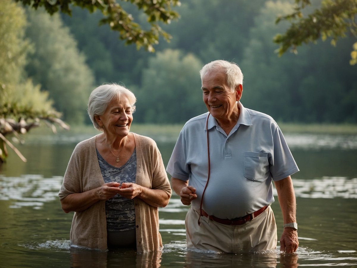 Ein älteres Ehepaar steht im flachen Wasser eines ruhigen Gewässers umgeben von grüner Natur. Die Frau trägt ein helles Oberteil und eine Strickjacke, sie lächelt und hält ihre Hände vor sich. Der Mann steht daneben, er trägt ein hellblaues Polohemd und lächelt ebenfalls, während er leicht nach vorne geneigt ist. Die Szene strahlt Freude und gemeinsame Glücksmomente aus, während die sanften Wellen des Wassers und die natürliche Umgebung eine harmonische und friedliche Atmosphäre schaffen.