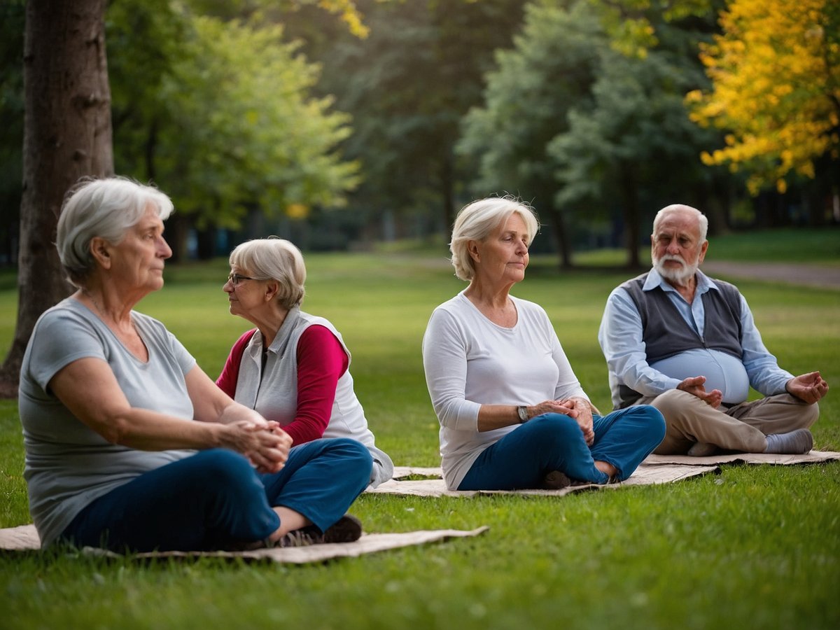 Auf dem Bild sind vier Senioren in einem ruhigen Park zu sehen, die in einer entspannten Sitzposition auf einer Wiese meditieren. Sie sind in bequemen, lässigen Kleidern gekleidet und wirken konzentriert sowie gelassen. Im Hintergrund sind Bäume zu erkennen, deren Blätter in sanften Farben leuchten, und die Umgebung strahlt eine friedvolle Atmosphäre aus. Die Senioren scheinen in einen meditativen Zustand eingetaucht zu sein, was eine positive Ausstrahlung von Ruhe und Zufriedenheit vermittelt.