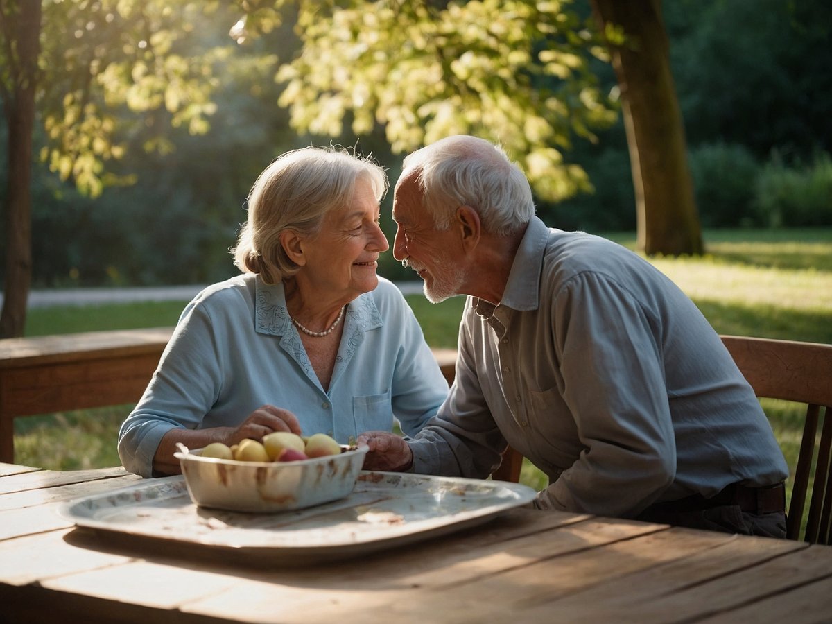 Ein älteres Paar sitzt auf einer Holzbank im Freien unter Bäumen. Sie schauen sich liebevoll an und lächeln. Zwischen ihnen steht ein Holztisch mit einer flachen Schale, in der frische Äpfel liegen. Die Sonne scheint sanft durch die Blätter und sorgt für eine warme, einladende Atmosphäre. Die beiden scheinen einen besonderen Moment der Verbundenheit und Freude zu genießen. Sie tragen entspannte Kleidung und ihre Gesichtsausdrücke strahlen Zufriedenheit aus.
