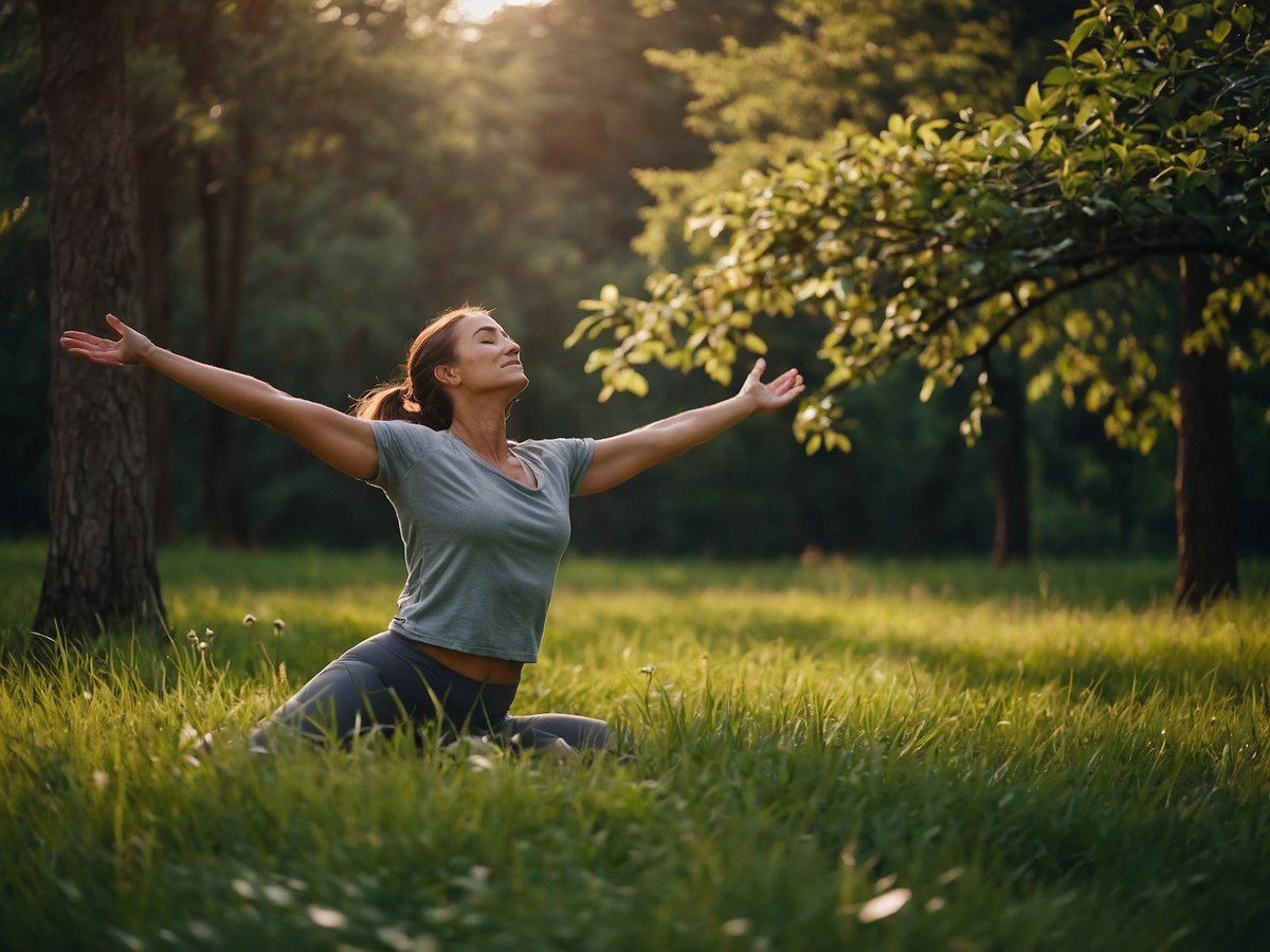 Eine Frau führt eine entspannende Yogaübung in einem sonnendurchfluteten Park durch. Sie kniet auf dem grünen Gras und hat die Arme weit ausgebreitet, während sie ihren Kopf leicht nach oben neigt. Die Umgebung ist von üppigem Grün umgeben, mit hohen Bäumen im Hintergrund. Die Szene strahlt Ruhe und Harmonie aus und symbolisiert aktive Entspannung durch Bewegung, ideal für Senioren, die nach Möglichkeiten suchen, Körper und Geist in Einklang zu bringen.