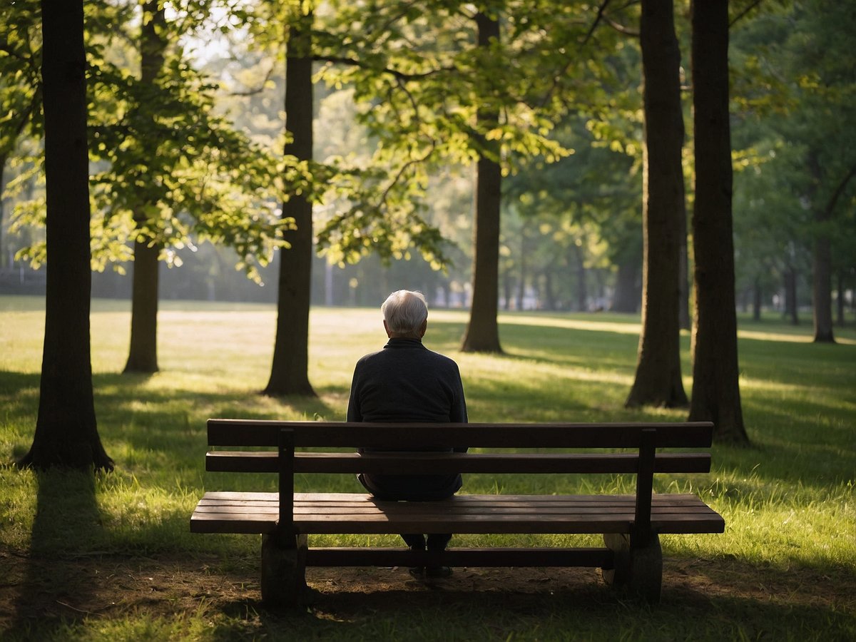 Eine ältere Person sitzt auf einer Holzbank in einem ruhigen Park und blickt in die weitläufige, grüne Wiese vor sich. Der Park ist von hohen Bäumen umgeben, deren Laub in sanften Sonnenstrahlen leuchtet. Die Umgebung strahlt Ruhe und Gelassenheit aus, während die Person still und nachdenklich verweilt.