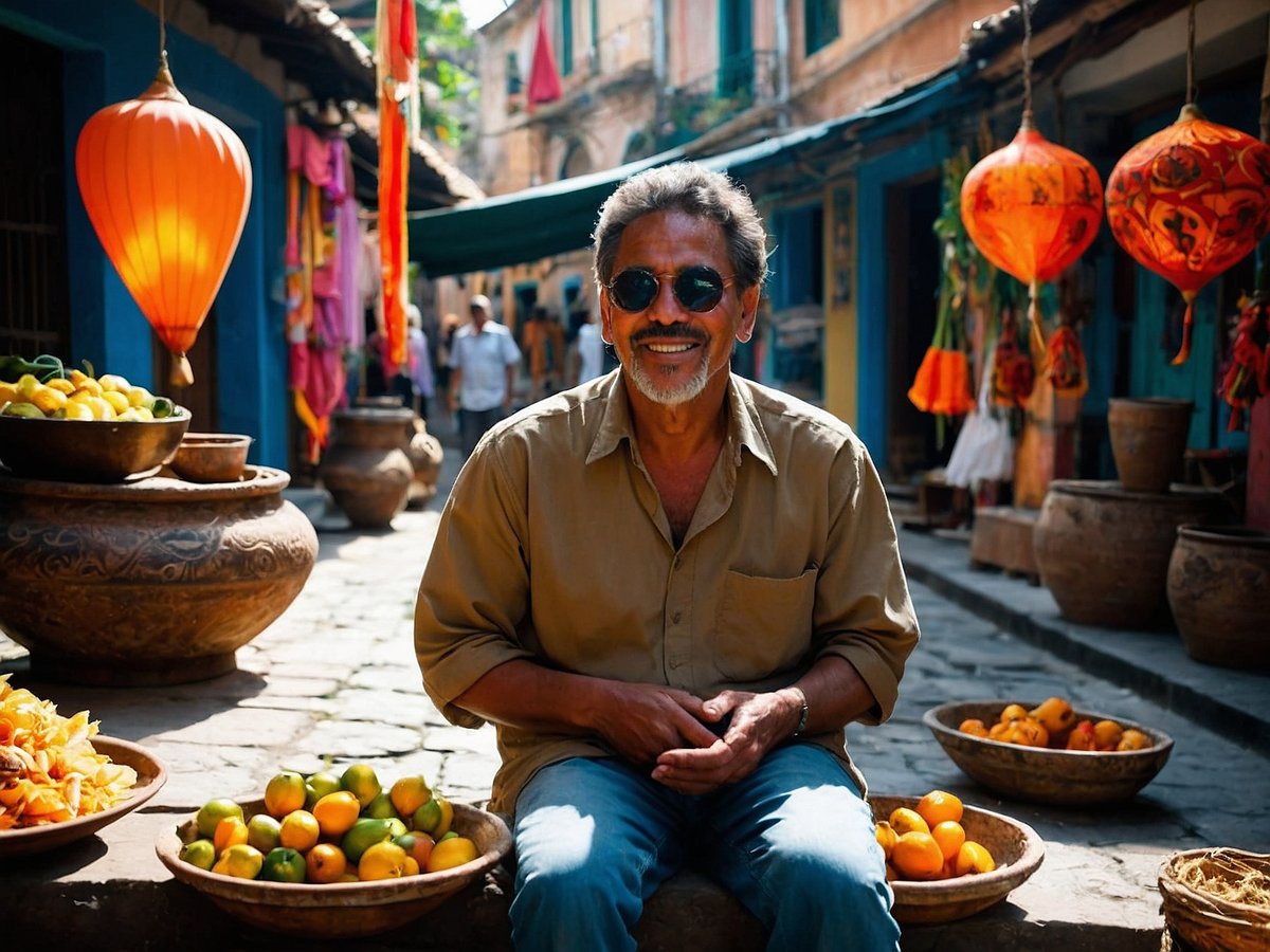 Ein älterer Mann sitzt lächelnd auf einer gepflasterten Straße in einem lebhaften Markt. Um ihn herum sind große Tontöpfe und Schalen mit frischen Früchten wie Orangen und Zitronen aufgestellt. Im Hintergrund hängen traditionelle Laternen und Textilien, die dem Markt ein buntes und einladendes Ambiente verleihen. Die Architektur der Gebäude ist farbenfroh und spiegelt die kulturelle Vielfalt wider. Der Abend scheint friedlich und die Umgebung vermittelt ein Gefühl von Gemeinschaft und Tradition.